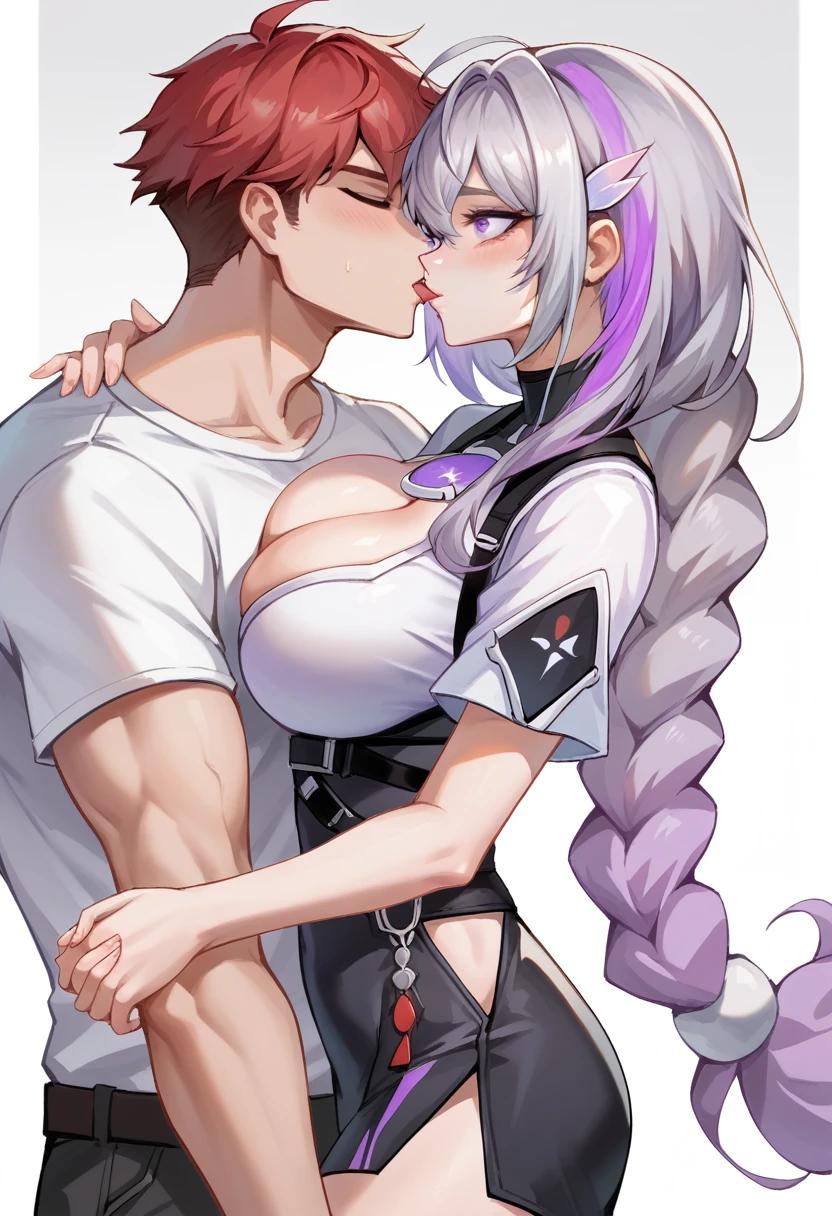 yinji,1 girl and one boy,grabbing breast,purple_hair,purple_Eye,Very_long_hair,grey_hair,Braided_Ponytail,big breast, Red hair boy,Wearing a white shirt,Very handsome red hair boy,With purple hairHolding Hands,girl and boy big kissing big breast , girl and boy hugging tightly slope_hair, The background is dreamy