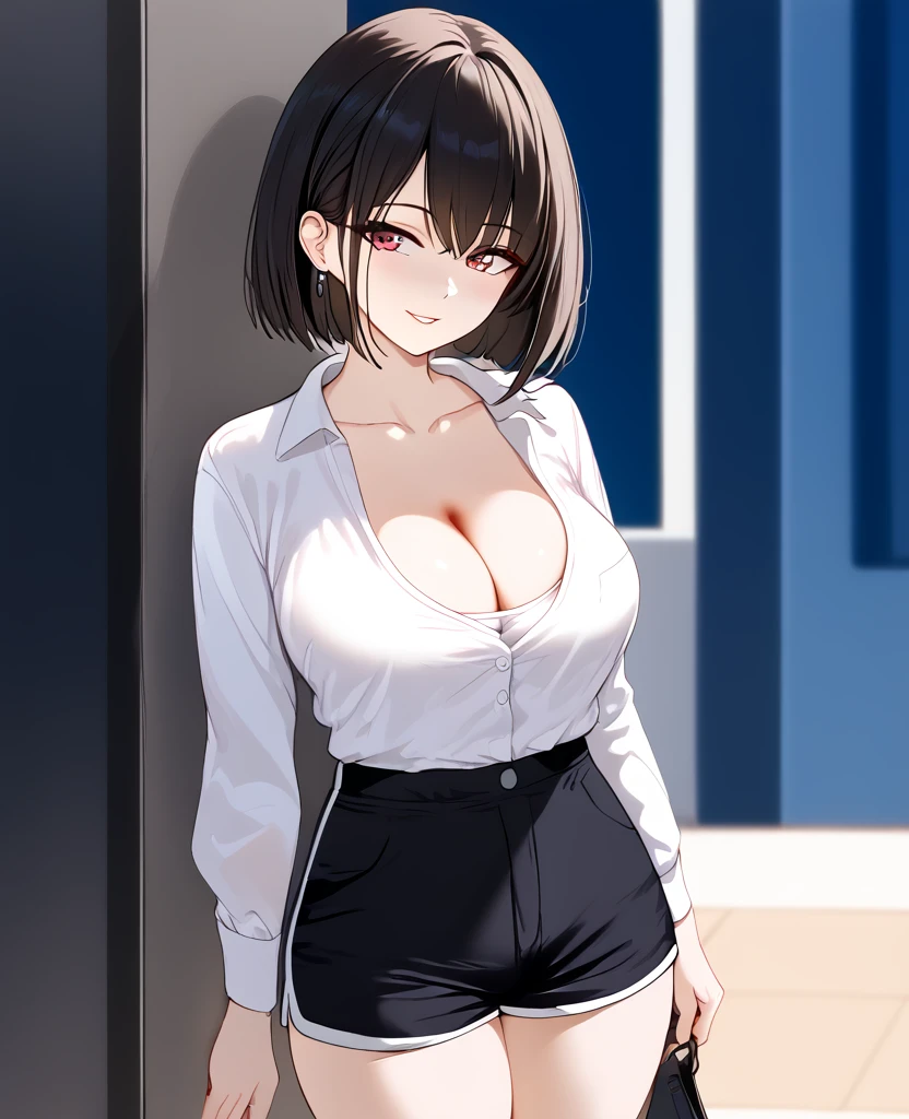 1girl, ultra high res, large , , white shirt, shorts