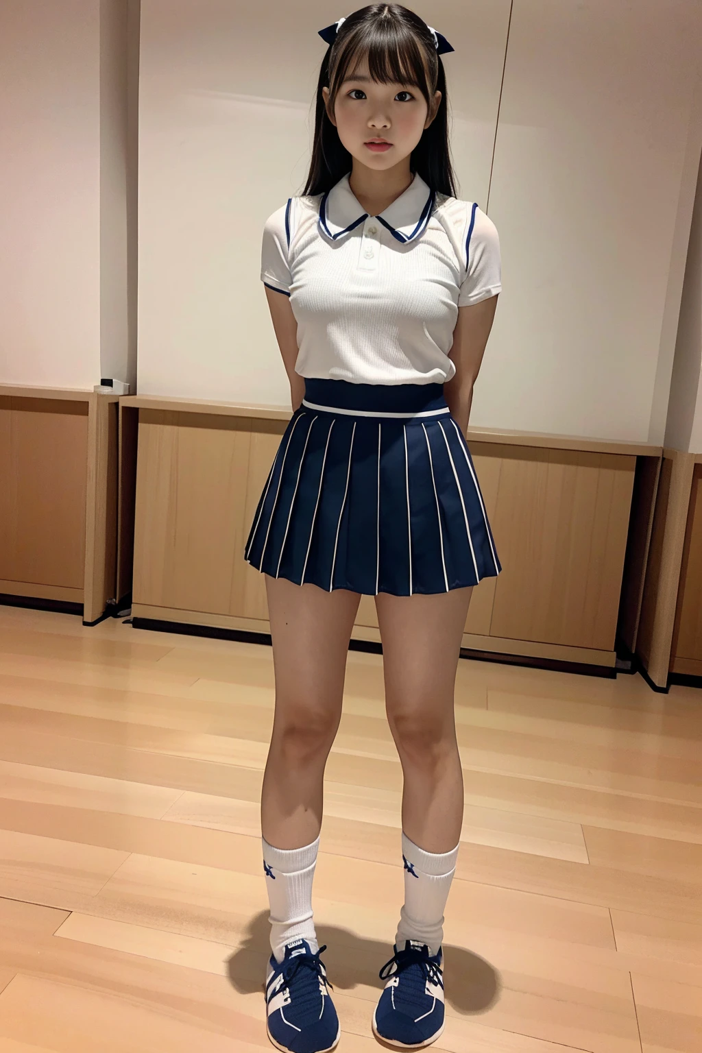 simple background, cowboy shot, symmetrical, uniform spacing, standing straight for camera, ((arms behind back)), one cheerleader girl, (18 years old), ((("CHEER" on chest, pleated mini skirt, socks)))