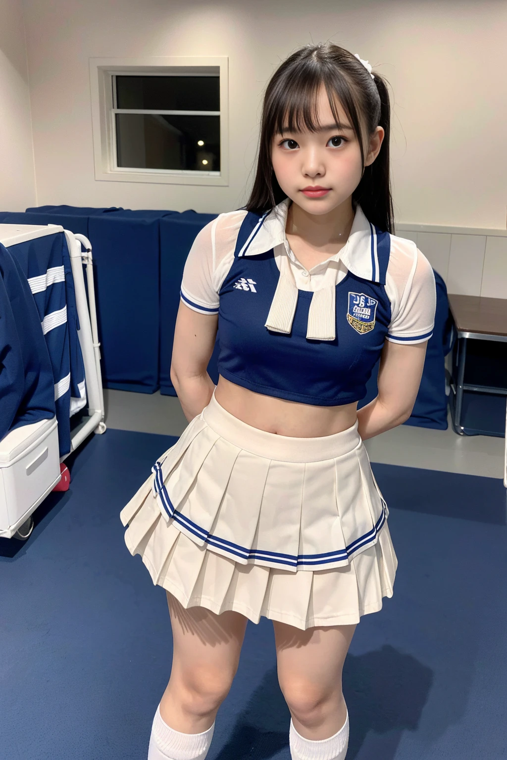 simple background, cowboy shot, symmetrical, uniform spacing, standing straight for camera, ((arms behind back)), one cheerleader girl, (18 years old), ((("CHEER" on chest, pleated mini skirt, socks)))
