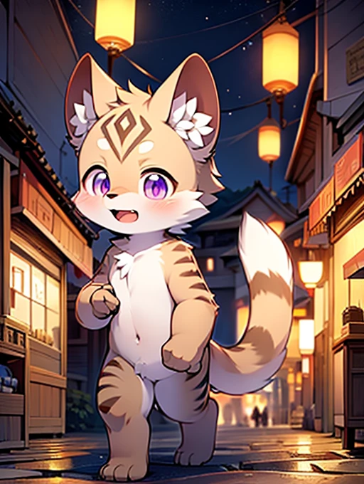 Civet cat, , cute, (alone), (((Has brown and white fur))), Big purple eyes, Blushing, smile, Open your mouth, walking, night, Ancient Asian cities, bright street lights, Blue and black slate road, Empty Streets, Starry Sky, Shadow, Detailed facial depiction, ((Accurate hand drawing)), レンブラントの光とShadow, Ultra-fine,Completely naked,Naked,Naked,