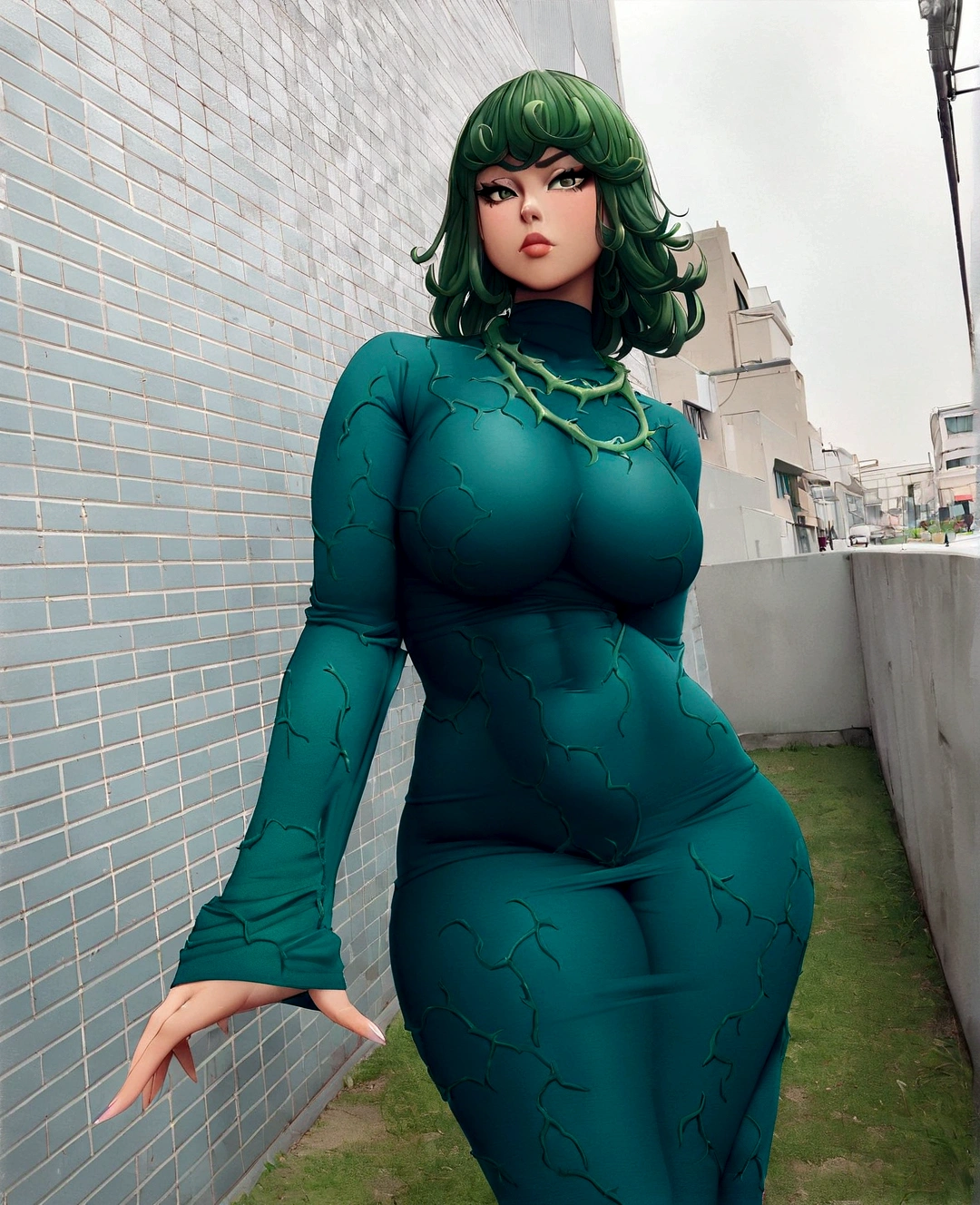 araffe woman in a green dress posing for a picture, full body green dress, she wears a dark green dress, green dress, thicc, dark green dress, tatsumaki from one punch man, skintight dress, tight dress, vine dress, fubuki, underwear,heavy green, skinny waist and thick hips