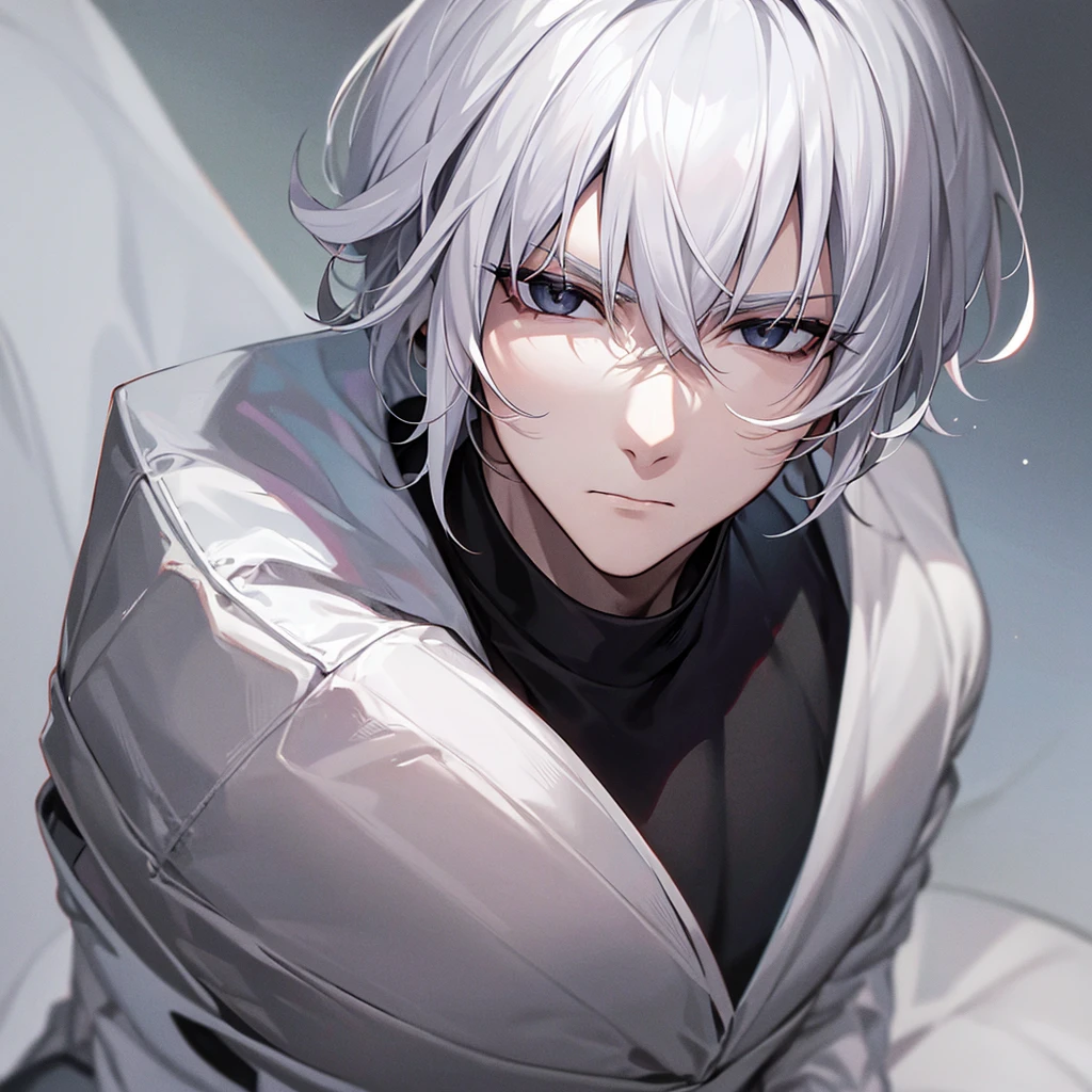 1man,White Hair,Black eyes with no highlights,A sharp face,Expressionless