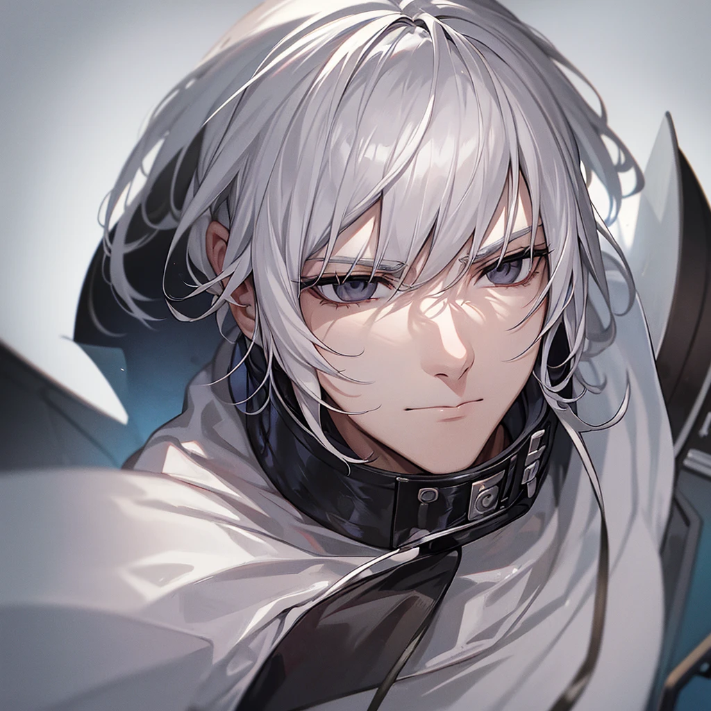 1man,White Hair,Black eyes with no highlights,A sharp face,Expressionless
