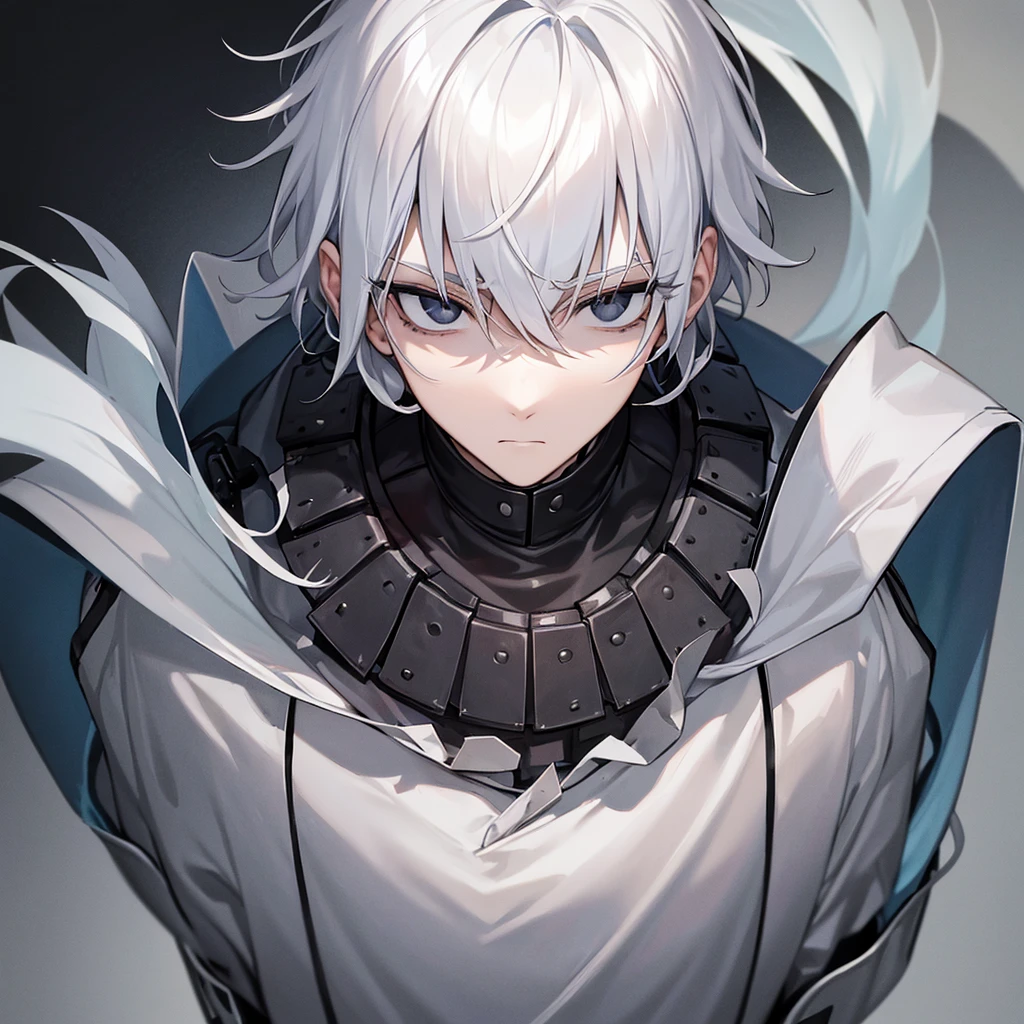 1man,White Hair,Black eyes with no highlights,A sharp face,Expressionless