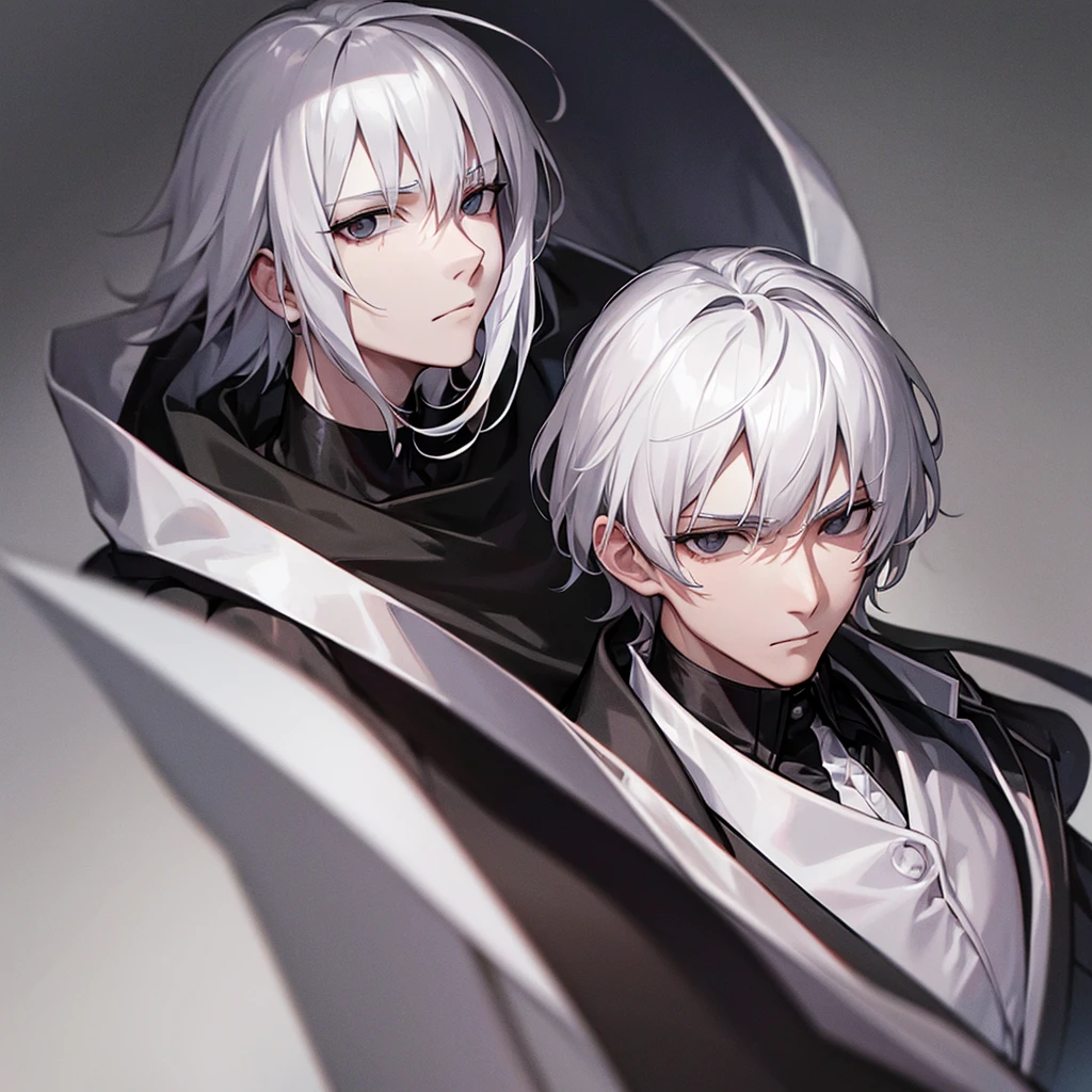 1man,White Hair,Black eyes with no highlights,A sharp face,Expressionless