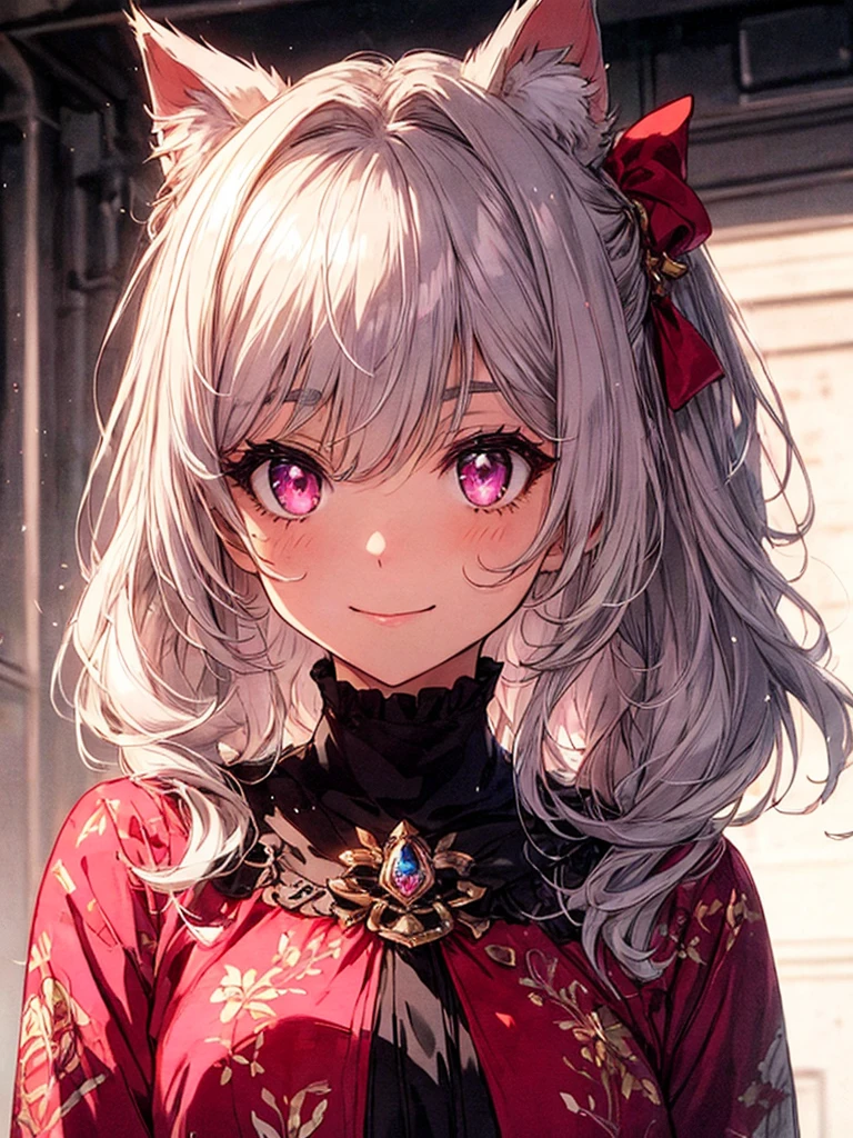 Highly detailed face,fine grain,Sparkling eyes,Highlighted eyes,Medium chest,pretty girl,smile,Cat ear,Beautiful silver hair,Pink inside,Beautiful pink eyes,fantastical, mysterious