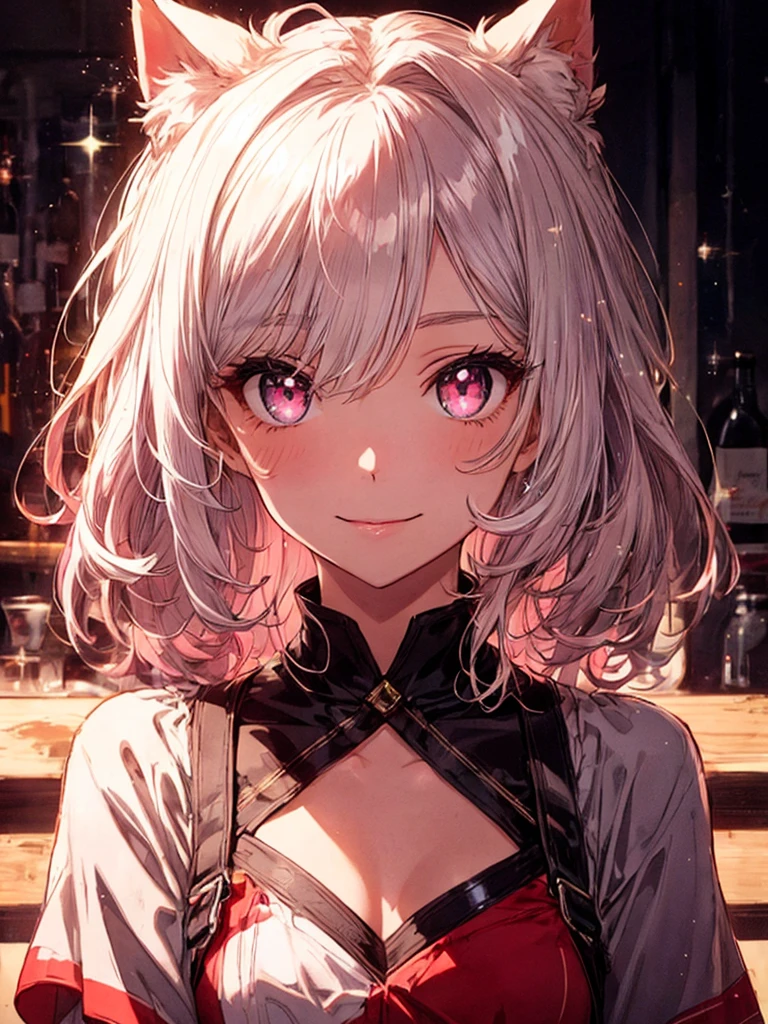 Highly detailed face,fine grain,Sparkling eyes,Highlighted eyes,Medium chest,pretty girl,smile,Cat ear,Beautiful silver hair,Pink inside,Beautiful pink eyes,fantastical, mysterious