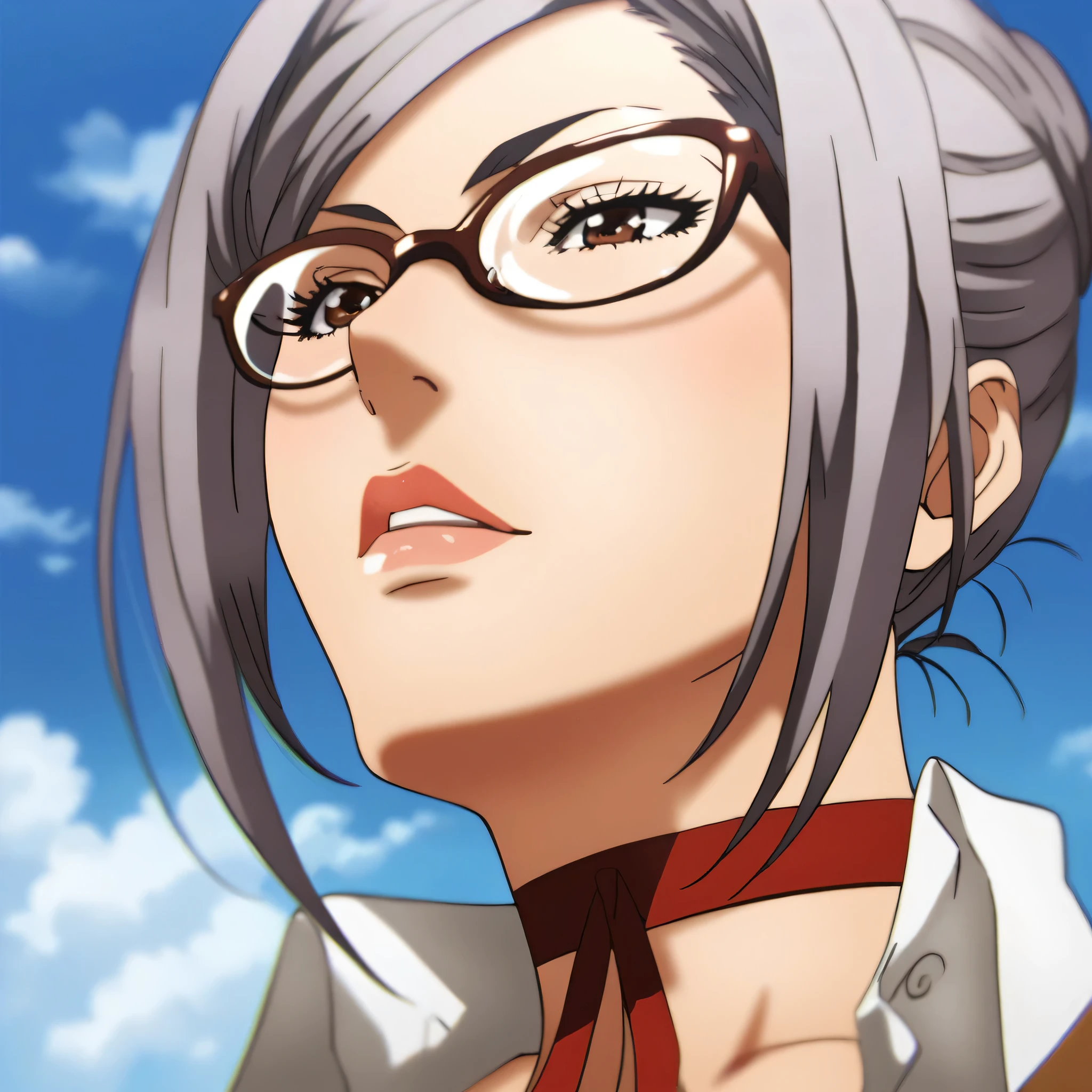 score_9_up, score_8_up, score_7_up, meiko shiraki,  solo, glasses, sky, cloud, day, grey hair, short hair, choker, brown eyes, lips, parody, parted lips, blue sky, ribbon choker, best quality, high quality