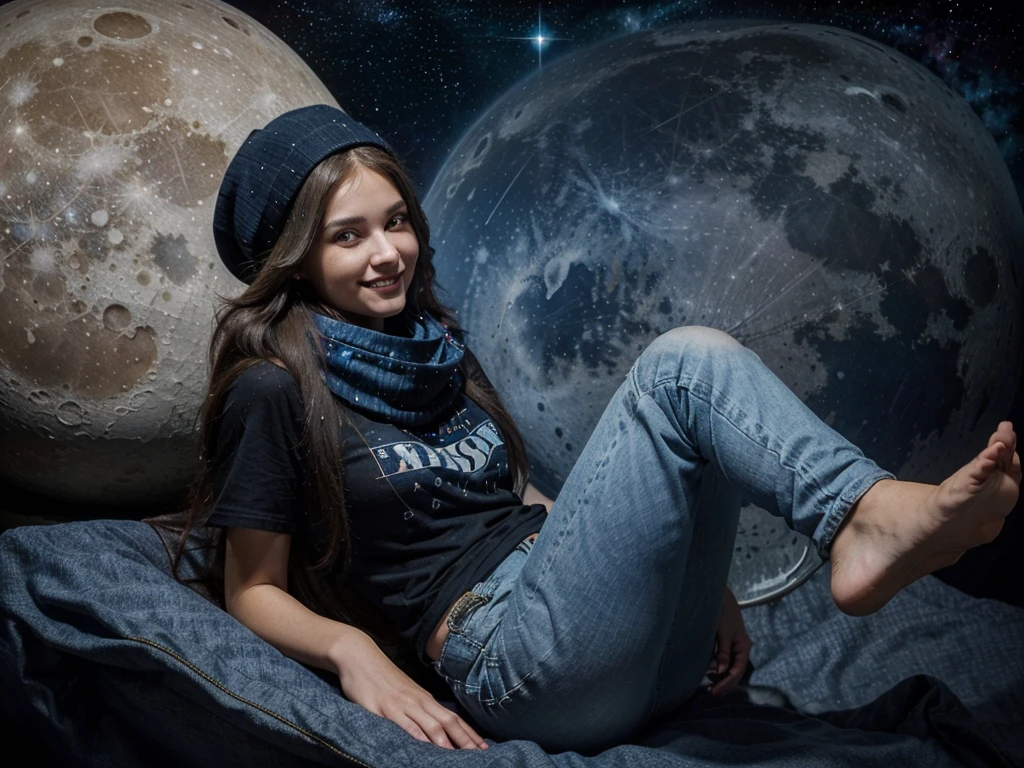 best quality, high resolution, distinct image, concept art, night sky, stars, moon, girl, smile, hair, eyes, mouth, hands, feet, clothing, jeans, t-shirt, scarf, hat, space, spaceship, spacesuit, astronaut, planet, galaxy, beautiful, cute, cozy, natural, dreamy, relaxed, sparkling, lovely