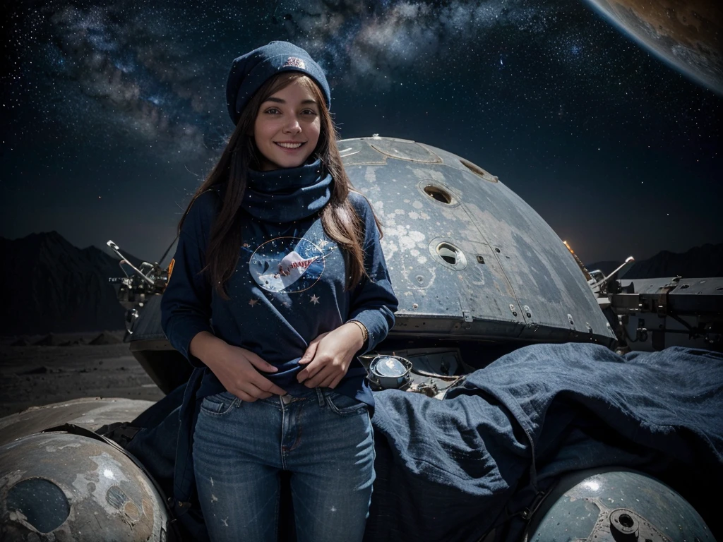 best quality, high resolution, distinct image, concept art, night sky, stars, moon, girl, smile, hair, eyes, mouth, hands, feet, clothing, jeans, t-shirt, scarf, hat, space, spaceship, spacesuit, astronaut, planet, galaxy, beautiful, cute, cozy, natural, dreamy, relaxed, sparkling, lovely