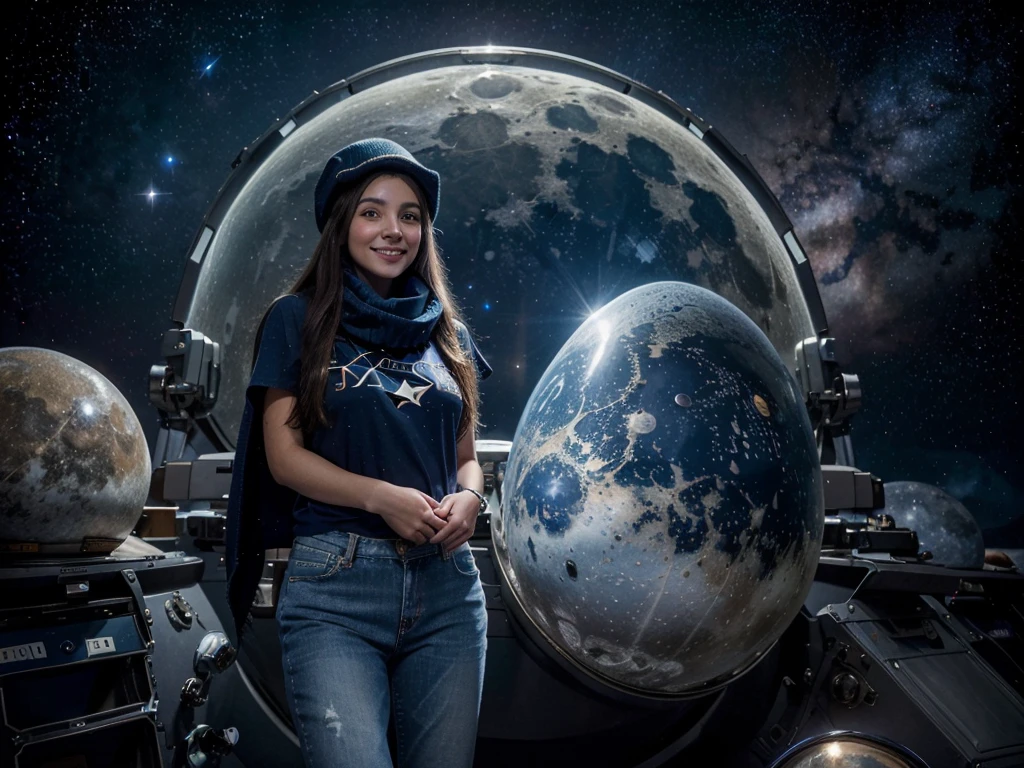 best quality, high resolution, distinct image, concept art, night sky, stars, moon, girl, smile, hair, eyes, mouth, hands, feet, clothing, jeans, t-shirt, scarf, hat, space, spaceship, spacesuit, astronaut, planet, galaxy, beautiful, cute, cozy, natural, dreamy, relaxed, sparkling, lovely
