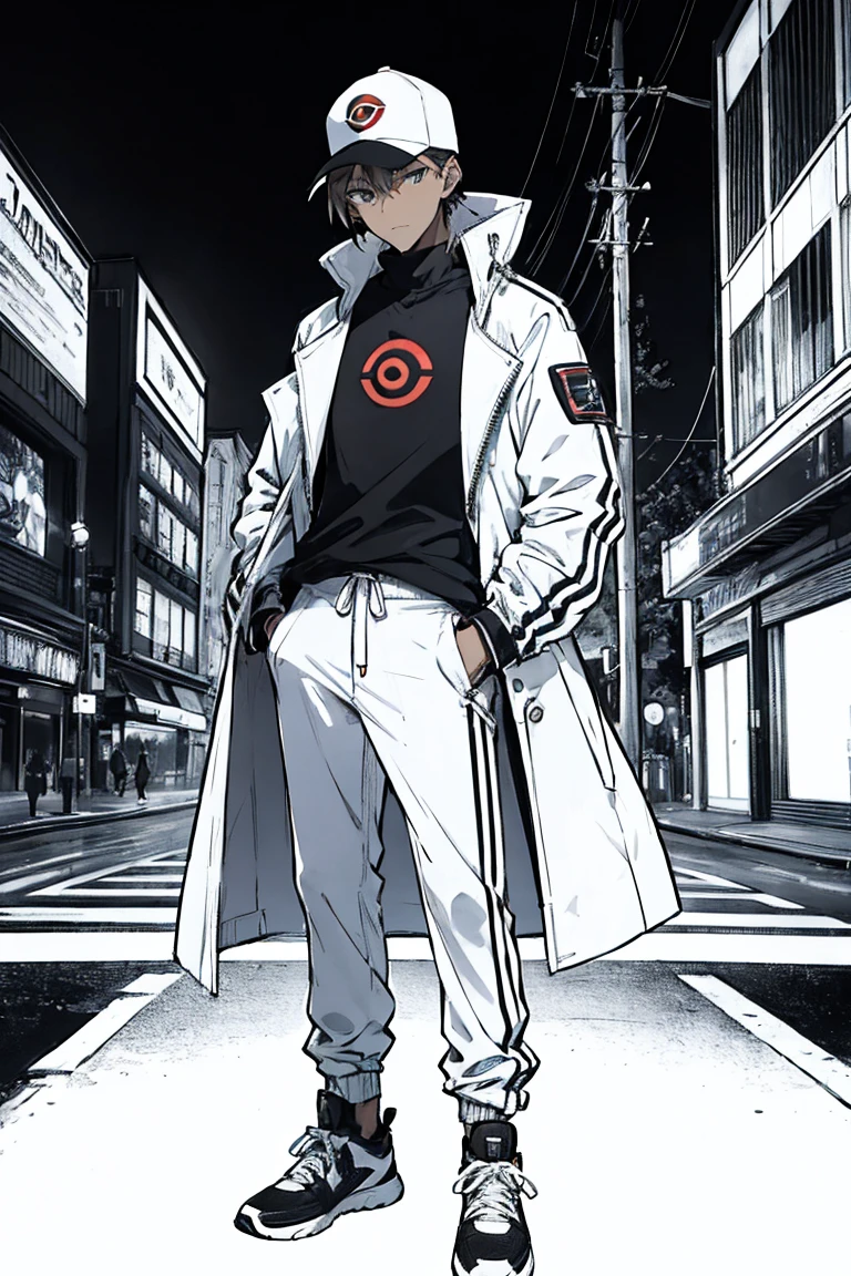 Tall, tannish, male, handsome, wearing white jacket, pants, and black high tops, has pokeball on waist and is chilling in the night, alone.