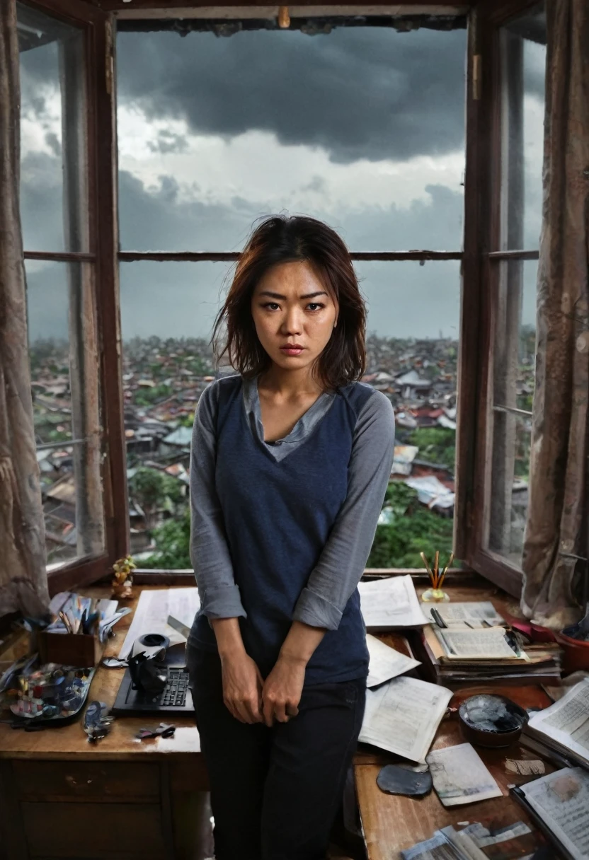 angry young asian woman, bedroom, desk, messy room, realistic, looking at viewer, window, angry, arms behind back, from above, stormy sky, dim light at cozy bedroom,, (masterpiece, best quality, very aesthetic, ultra detailed), intricate details,