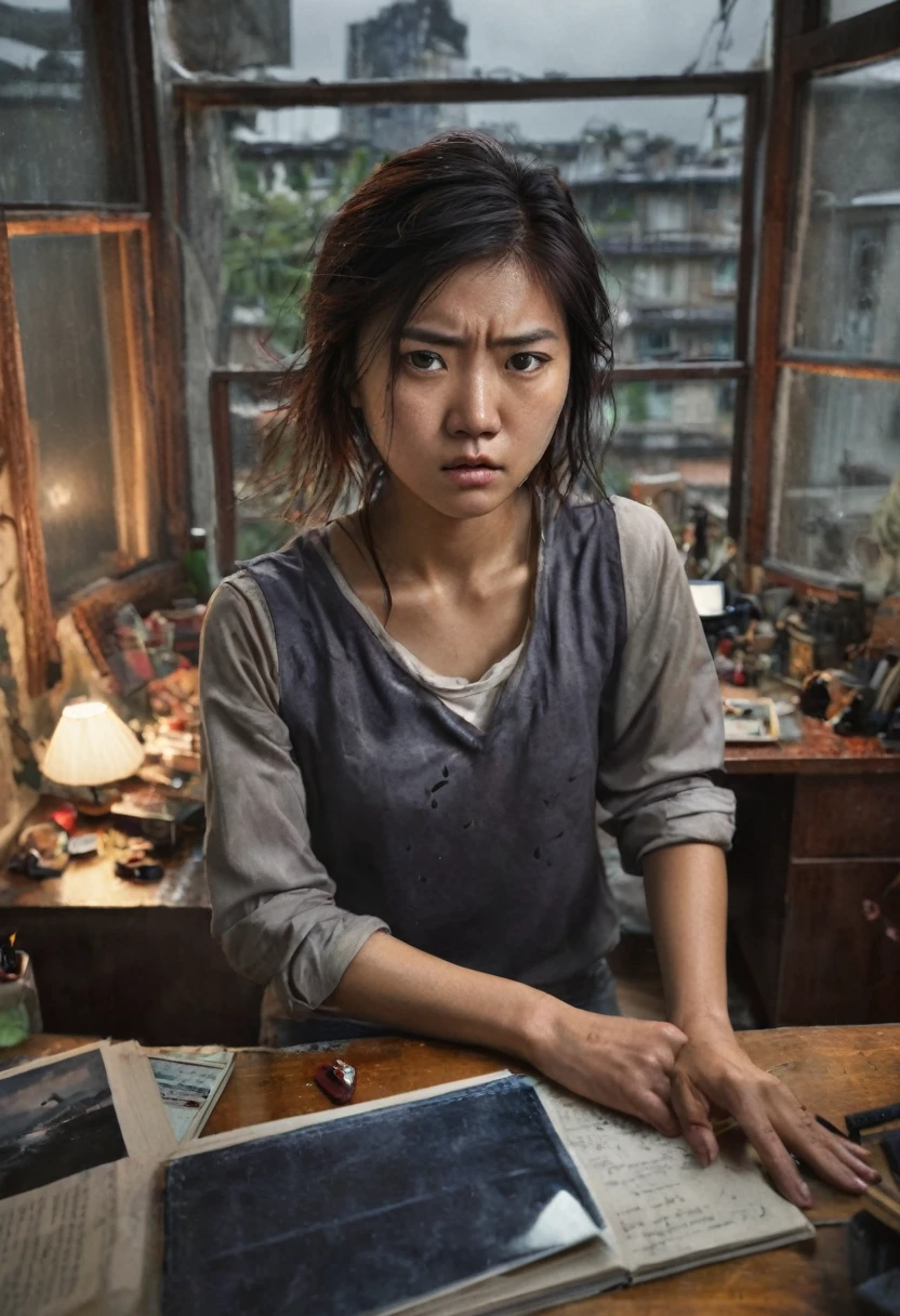 angry young asian woman, bedroom, desk, messy room, realistic, looking at viewer, window, angry, arms behind back, from above, stormy sky, dim light at cozy bedroom,, (masterpiece, best quality, very aesthetic, ultra detailed), intricate details,