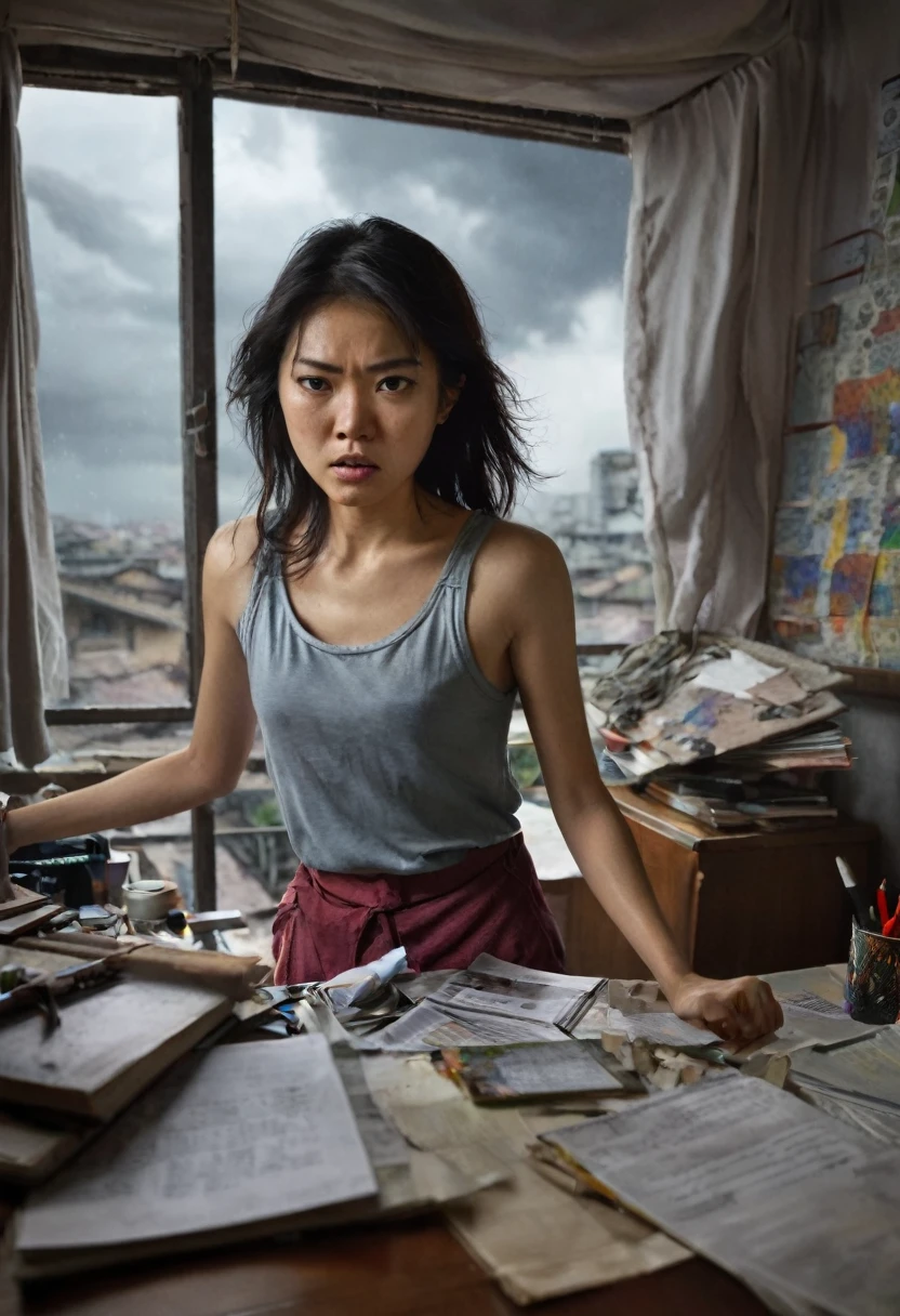 angry young asian woman, bedroom, desk, messy room, realistic, looking at viewer, window, angry, arms behind back, from above, stormy sky, dim light at cozy bedroom,, (masterpiece, best quality, very aesthetic, ultra detailed), intricate details,