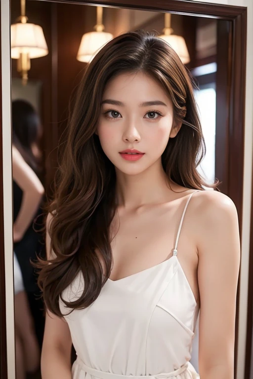 highest quality、4K、Perfect Face、Perfect Style、perfect body、Sunburn、beautiful lady、mature、long curly layer brown hair、Swept-back hair、full body, sexy 、charming、healthy、of the highest quality、8K、model、
BREAK she is making up, in front of mirror、at dresser、rouge