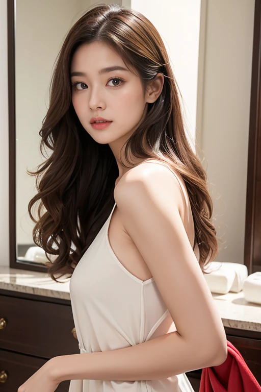 highest quality、4K、Perfect Face、Perfect Style、perfect body、Sunburn、beautiful lady、mature、long curly layer brown hair、Swept-back hair、full body, sexy 、charming、healthy、of the highest quality、8K、model、
BREAK she is making up, in front of mirror、at dresser、rouge
