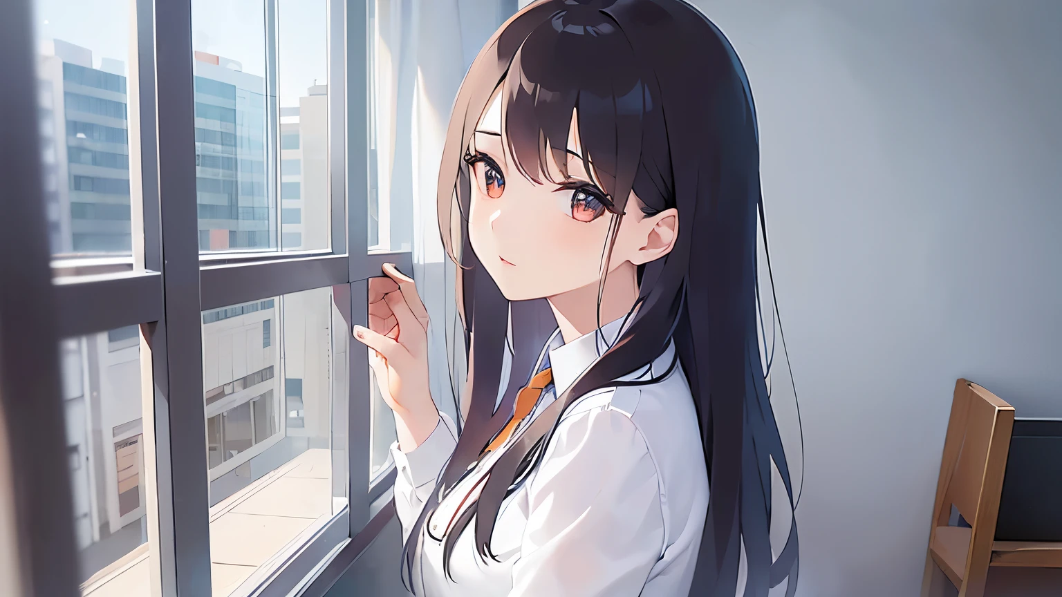 looking up、looking back,Upper Body,
Realistic, real person, (pale skin: 1.2), RAW photo, photorealistic, shiny skin, shiny hair、
(A 25-year-old woman with medium-length hair and bangs) and (wavy hair) and (brown hair) and (Orange Eyes) ,
(Wearing a business suit:1.5) and (Wearing a white collared shirt)、
shy,In the background is a window with curtains、Alone、Are standing