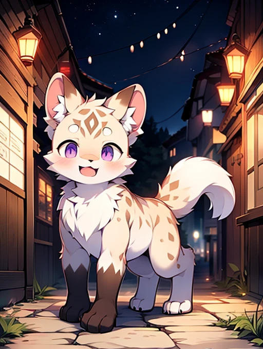 Civet cat, Little Boy, cute, (alone), (((Has brown and white fur))), Big purple eyes, Blushing, smile, Open your mouth, walking, night, Ancient Asian cities, bright street lights, Blue and black slate road, Empty Streets, Starry Sky, Shadow, Detailed facial depiction, ((Accurate hand drawing)), レンブラントの光とShadow, Ultra-fine,Completely naked,Naked,Naked,On all fours,quadruped,Quadrupedal,