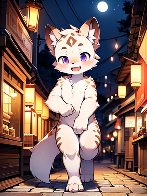 Civet cat, , cute, (alone), (((Has brown and white fur))), Big purple eyes, Blushing, smile, Open your mouth, walking, night, Ancient Asian cities, bright street lights, Blue and black slate road, Empty Streets, Starry Sky, Shadow, Detailed facial depiction, ((Accurate hand drawing)), レンブラントの光とShadow, Ultra-fine,Completely naked,Naked,Naked,On all fours,quadruped,Quadrupedal,