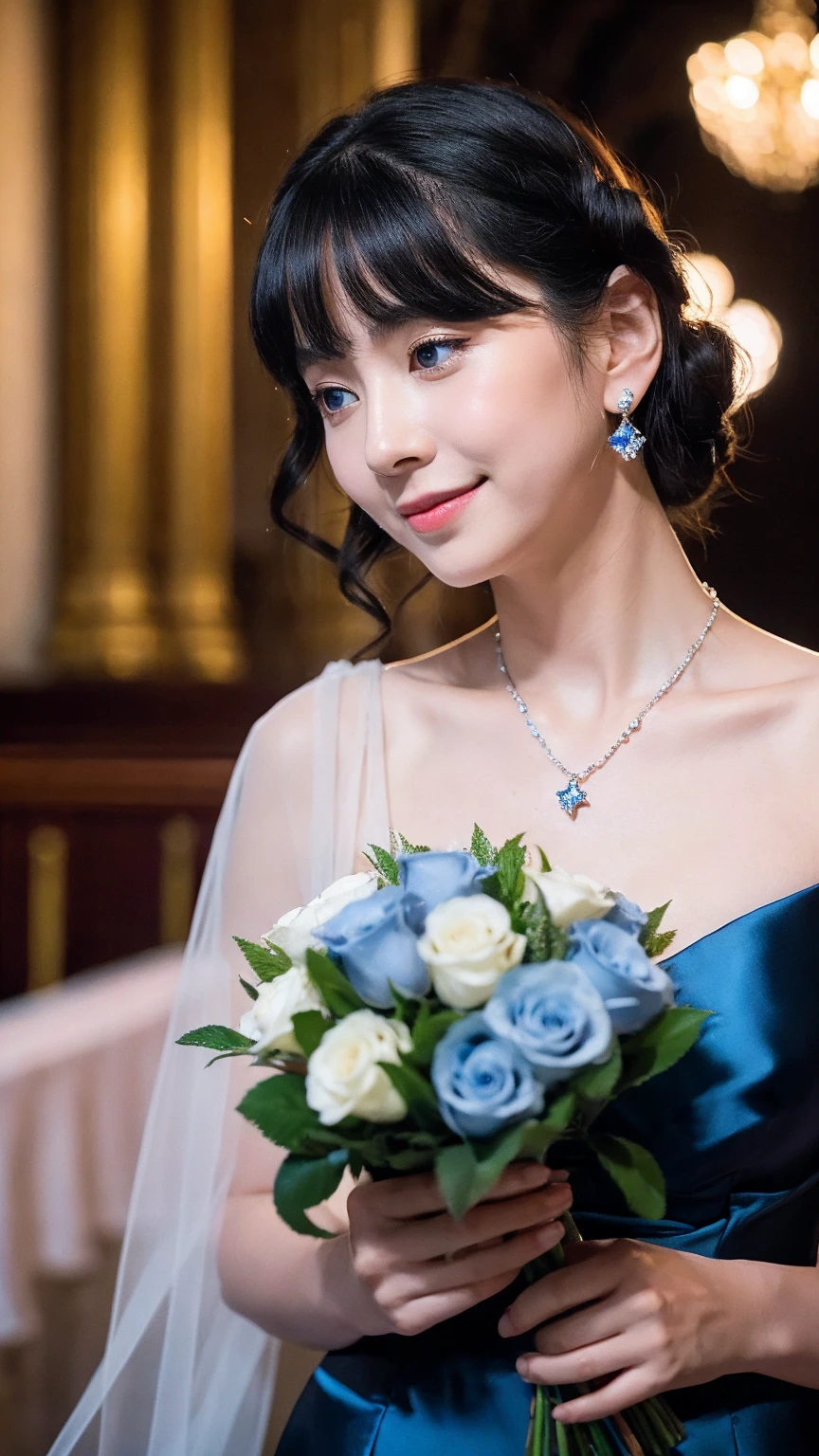 National Science Foundation,masterpiece,High resolution,8K,art,refer to,3D,Kyoto Animation Style,Your Name movie style,To the camera,Soft Light,Glowing Skin,(1 female: 1.3),(alone: 1.4),(((Black Hair))),(nice,Shiny red dress),Swarovski 泣くstals on gorgeous wedding dress,泣くstal crown,泣くstal necklace,泣くstal earrings,Long eyelashes,Thin legs,Short Bob,Bouquet of blue roses in hand,close of upper body,close,Close-up,In a quaint church,Starry Eyes,Blushed,shy,shy,Open your mouth,smile,Whole body,The whole body from head to foot,Pale blue eyes,