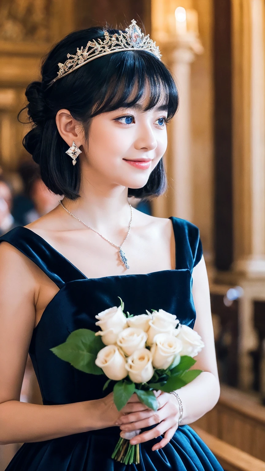 National Science Foundation,masterpiece,High resolution,8K,art,refer to,3D,Kyoto Animation Style,Your Name movie style,To the camera,Soft Light,Glowing Skin,(1 female: 1.3),(alone: 1.4),(((Black Hair))),(nice,Shiny red dress),Swarovski 泣くstals on gorgeous wedding dress,泣くstal crown,泣くstal necklace,泣くstal earrings,Long eyelashes,Thin legs,Short Bob,Bouquet of blue roses in hand,close of upper body,close,Close-up,In a quaint church,Starry Eyes,Blushed,shy,shy,Open your mouth,smile,Whole body,The whole body from head to foot,Pale blue eyes,