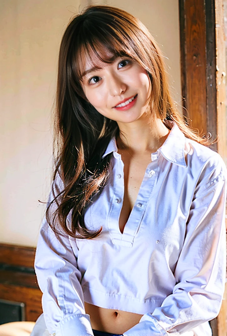 ((Both hands are in front of the navel、Belly button、A photo of her  showing through a short polo shirt、Hands roll up shirt、She is wearing a navy polo shirt and luxurious white .、:1.4))、Being in the living room、Length cream hair color、Her  are obvious even through her clothes..、Small earrings、Light brown hair color、:1.4））、Shiny Hair、Light beige hair color、Background Blur、Light brown hair、｛｛Cowgirl Shot｝｝、（（Close-up shot from the waist up、:1.4））、、にっこりsmile、服からでも分かる、Cowboy Shot、素敵なsmile、（（Revealing clothing））、Full body photo、ring、Tuck your hair behind one ear、Silver Necklace、smile、Caustics、Highly detailed photos、、Super no makeup、(8K、RAW Photos、Highest quality、masterpiece:1.2)、(Realistic、Realistic)、1 Girl、((ショートヘア、Looking into the camera:1.4))、Hair blowing in the wind
