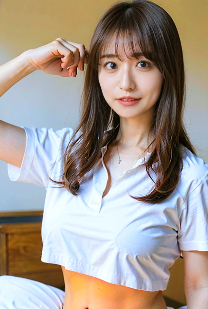 ((Both hands are in front of the navel、Belly button、A photo of her panties showing through a short polo shirt、Hands roll up shirt、She is wearing a navy polo shirt and luxurious white panties.、:1.4))、Being in the living room、Length cream hair color、Her huge breasts are obvious even through her clothes..、Small earrings、Light brown hair color、:1.4))、Shiny Hair、Light beige hair color、Background Blur、Light brown hair、{{Cowgirl Shot}}、((Close-up shot from the waist up、Big Breasts:1.4))、Big Breasts、にっこりsmile、服からでも分かるBig Breasts、Cowboy Shot、素敵なsmile、((Revealing clothing))、Full body photo、ring、Tuck your hair behind one ear、Silver Necklace、smile、Caustics、Highly detailed photos、Big Breasts、Super no makeup、(8K、RAW Photos、Highest quality、masterpiece:1.2)、(Realistic、Realistic)、1 Girl、((Big Breastsショートヘア、Looking into the camera:1.4))、Hair blowing in the wind