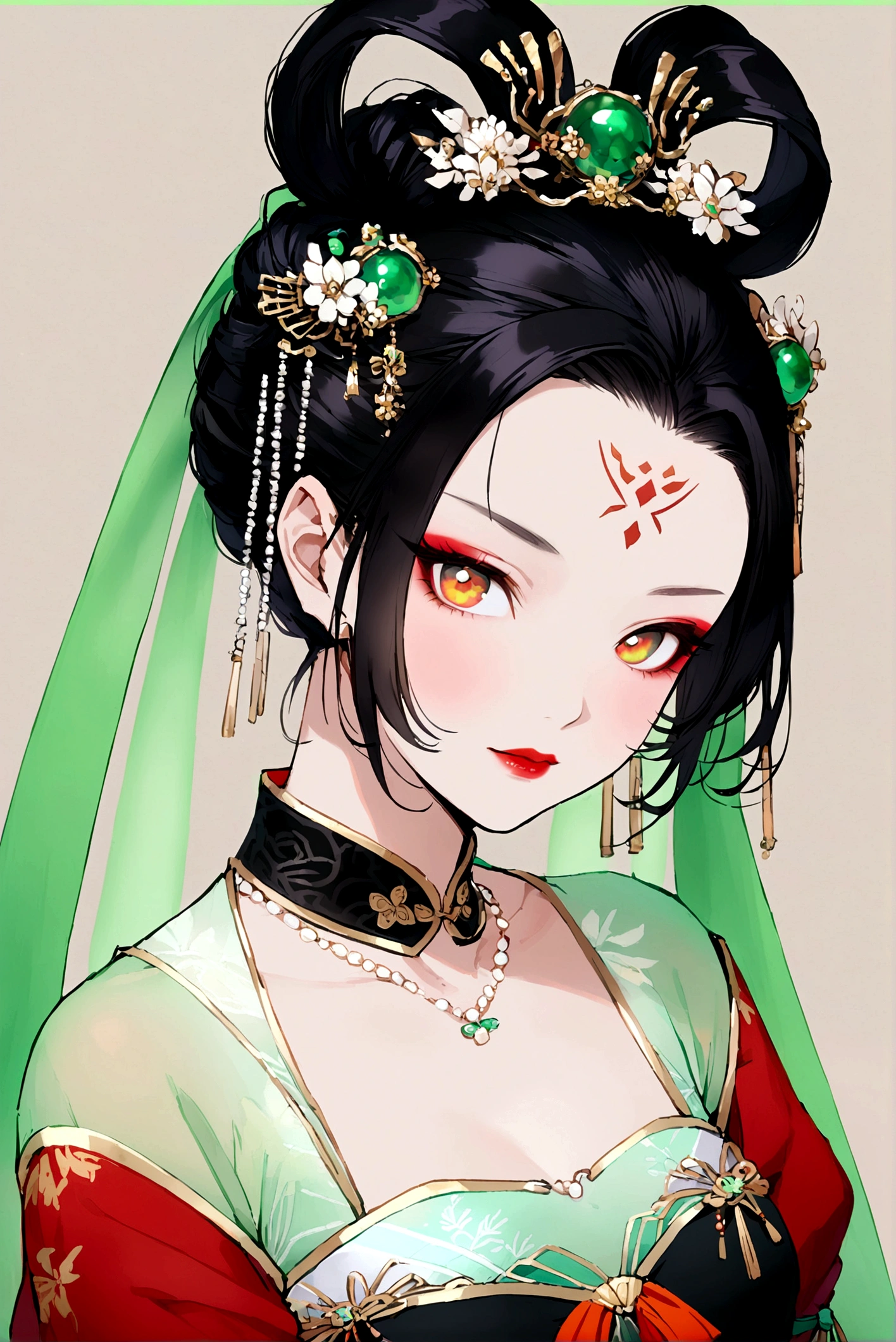 1girl, solo, looking at viewer, black hair, hair ornament, dress, ribbon, jewelry, upper body, necklace, makeup, facial mark, chinese clothes, green dress, forehead mark, red lips
