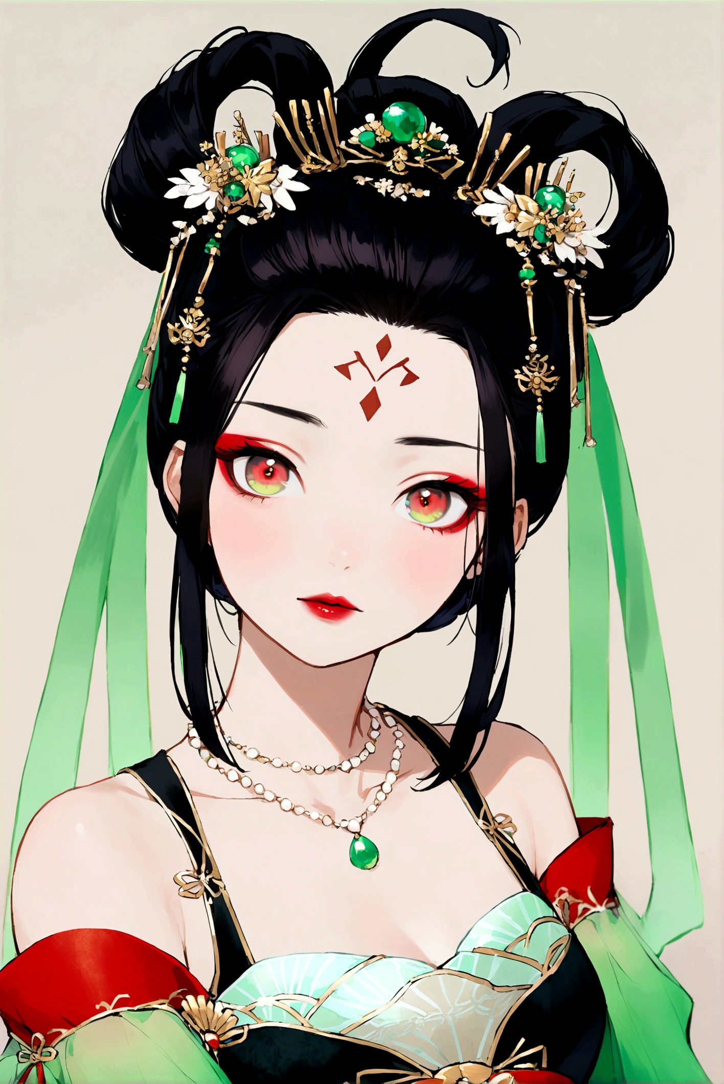 1girl, solo, looking at viewer, black hair, hair ornament, dress, ribbon, jewelry, upper body, necklace, makeup, facial mark, chinese clothes, green dress, forehead mark, red lips