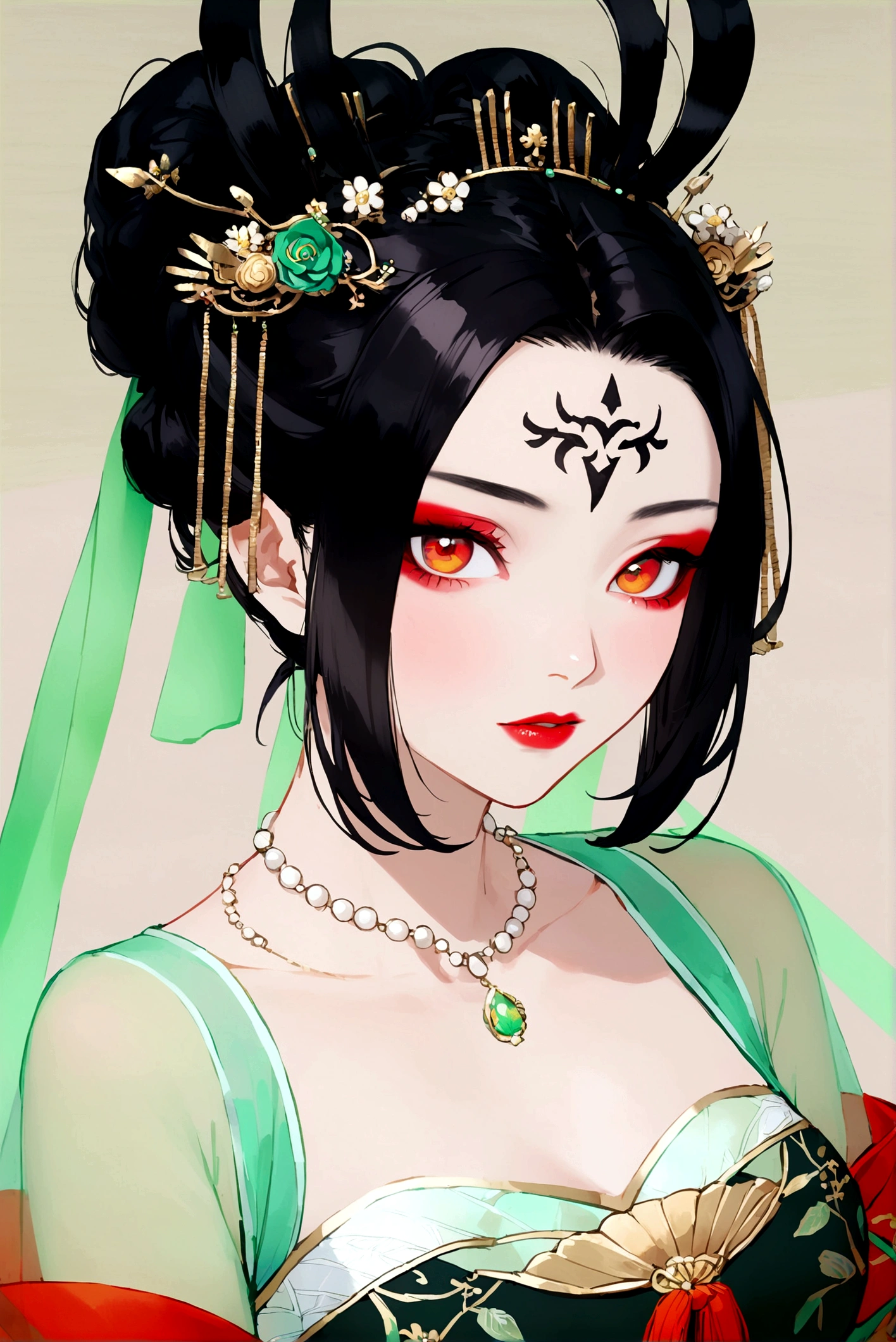 1girl, solo, looking at viewer, black hair, hair ornament, dress, ribbon, jewelry, upper body, necklace, makeup, facial mark, chinese clothes, green dress, forehead mark, red lips