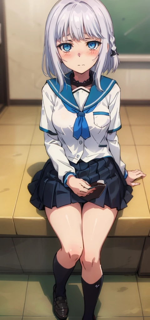 1 girl, kanon kanase, blush, medium breasts, sleeveless,((( black school uniform))), 20-year-old, healthy skin, closed mouth, (indoors), detailed eyes. Sitting.