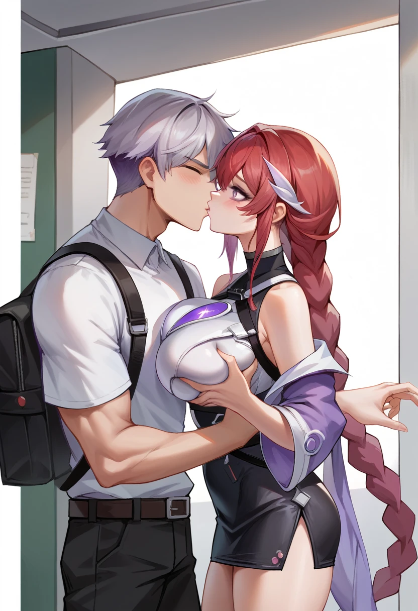 yinji,1 girl and one boy，grabbing breast,purple_hair,purple_Eye,Very_long_hair,grey_hair,Braided_Ponytail,big breast, Red hair boy，Wearing a white shirt，Very handsome red hair boy，With purple hairHolding Hands，girl and boy big kissing big breast ,  girl and boy hugging tightly slope_hair, The background is dreamy