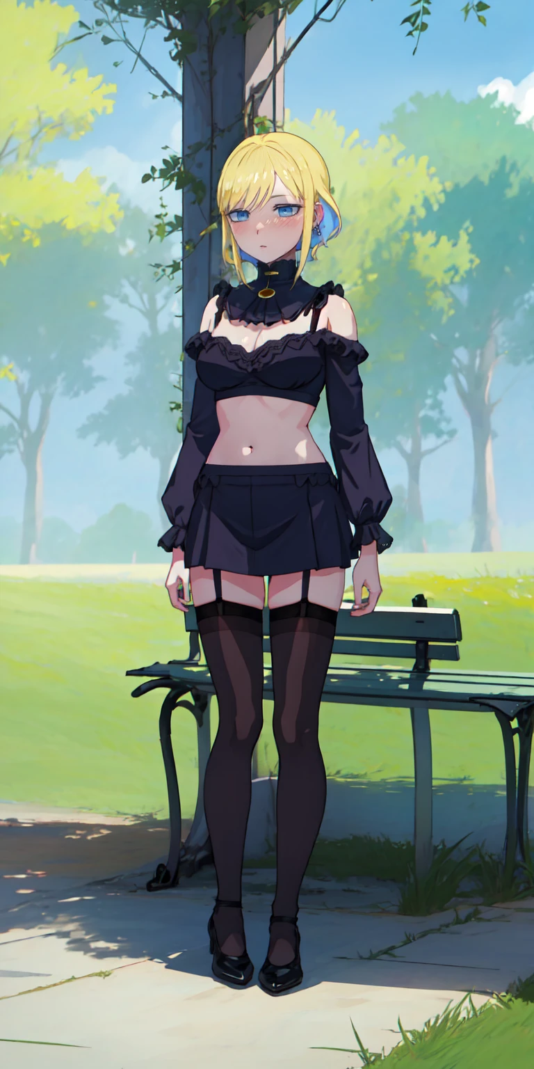 Anime girl, 3D art, standing (stand), 1 girl (solo), hourglass figure, looking at viewer, shy face, blush face,short hair, yellow hair, blue eyes, park (trees, grass, bench), wearing a black lace bra, wearing a black lace lingerie, wearing a usual black tights, wearing a usual black garter belt, ultra resolution, high detailed, a Head with good anatomy, a body with good anatomy, a hands with good anatomy, a legs with good anatomy, well drawn navel, open navel (visible navel), full body view, visible legs, 