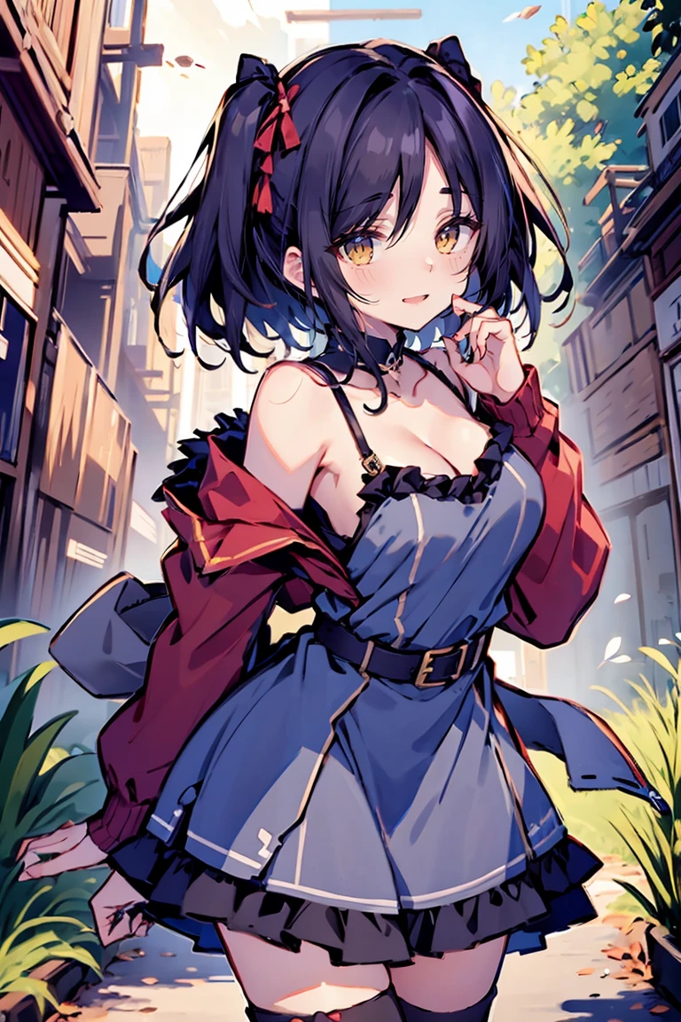 (hui xiyi:1.05), rekkyo sensen, rekkyou sensen, character design with((black hair, tits cleavage, waving, breasts close up, suspenders, (dress:1.2), blue clothes, swept bangs, belt, (frill camisole dress:1.25), knit sweater, exposed breasts, straps, ribbon, fur clothes, long hair, (one side up:1.2), nun, long sleeves, white legwear, (single legwear:1.1), perfect hands, perfect fingers)), (fantasy world:1.2), (garden:1.15), (castle:1.15)