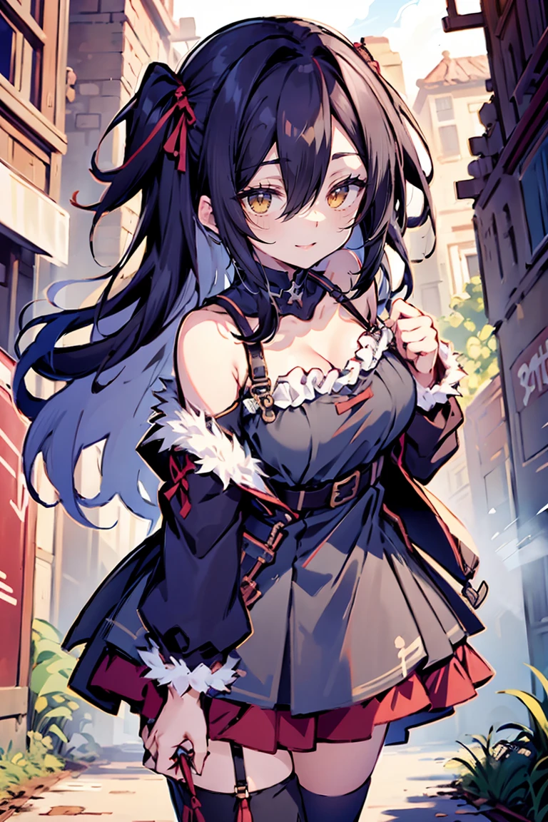 (hui xiyi:1.05), rekkyo sensen, rekkyou sensen, character design with((black hair, tits cleavage, waving, breasts close up, suspenders, (dress:1.2), blue clothes, swept bangs, belt, (frill camisole dress:1.25), knit sweater, exposed breasts, straps, ribbon, fur clothes, long hair, (one side up:1.2), nun, long sleeves, white legwear, (single legwear:1.1), perfect hands, perfect fingers)), (fantasy world:1.2), (garden:1.15), (castle:1.15)