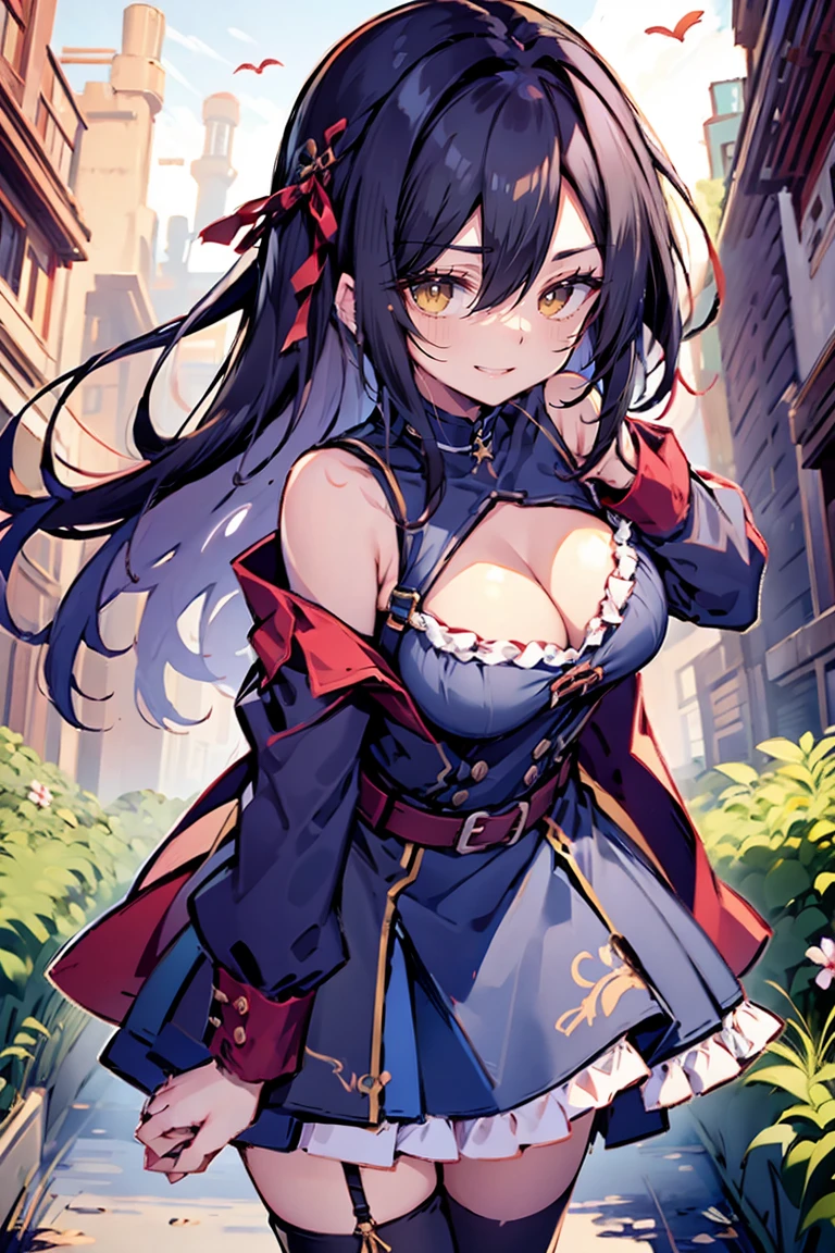 (hui xiyi:1.05), rekkyo sensen, rekkyou sensen, character design with((black hair,  , waving,  close up, suspenders, (dress:1.2), blue clothes, swept bangs, belt, (frill camisole dress:1.25), knit sweater,  , straps, ribbon, fur clothes, long hair, (one side up:1.2), nun, long sleeves, white legwear, (single legwear:1.1), perfect hands, perfect fingers)), (fantasy world:1.2), (garden:1.15), (castle:1.15)