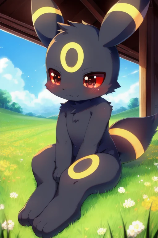 Umbreon, anthro, young, red sclera, black iris, black body fur, feets whit three toes, detailed body fur, detailed face, detailed eyes, glistering body, shiny body, gorgeous body, masterpiece, high quality, anime style, full body, :3, field, clear sky, sitting, cute, blush 