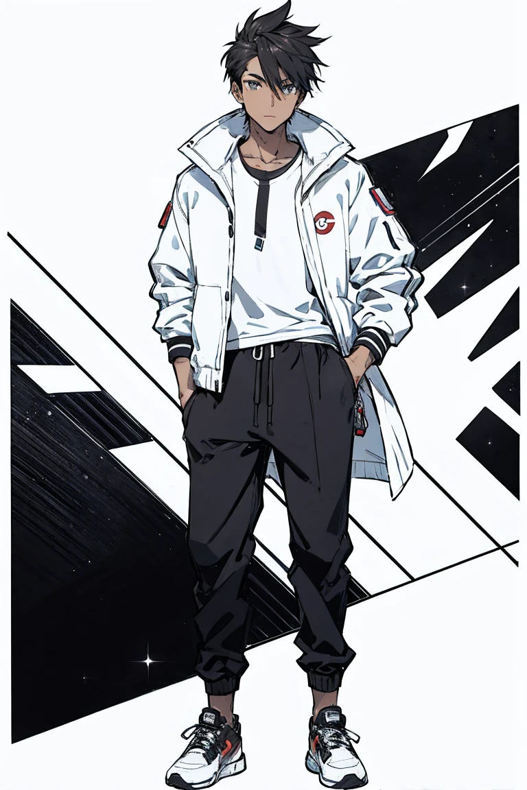 Tall, tanned, male, handsome, wearing white jacket, pants, and black high tops, has pokeball on waist and is chilling in the night, alone.