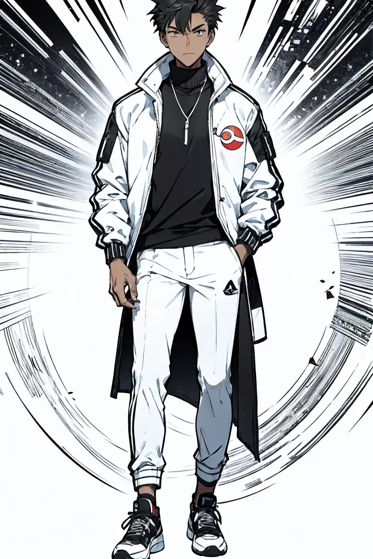 Tall, tanned, male, handsome, wearing white jacket, pants, and black high tops, has pokeball on waist and is chilling in the night, alone.