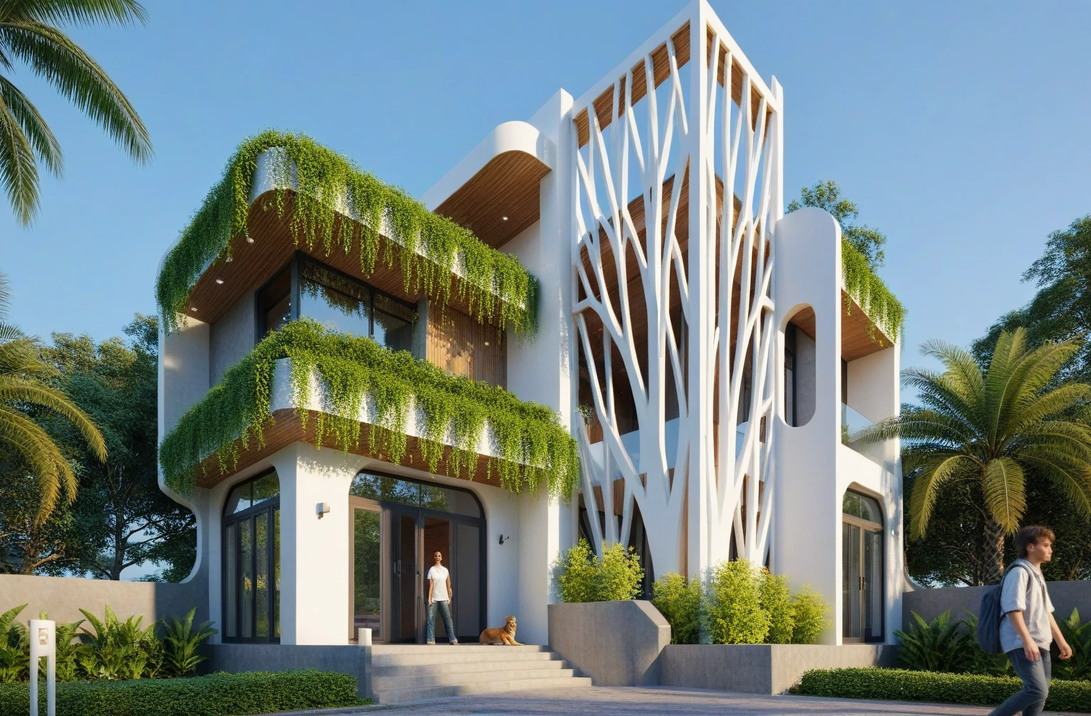 Raw photo,Masterpiece, high quality, best quality, authentic, super detail,
exterior, outdoors, house style tropical villa, glass windows, gate, wooden ceiling, white house, people, animal, ((night))
road,pavement, grass, trees, sky, cloud, (dawn:1.1), vivid colour, background forest