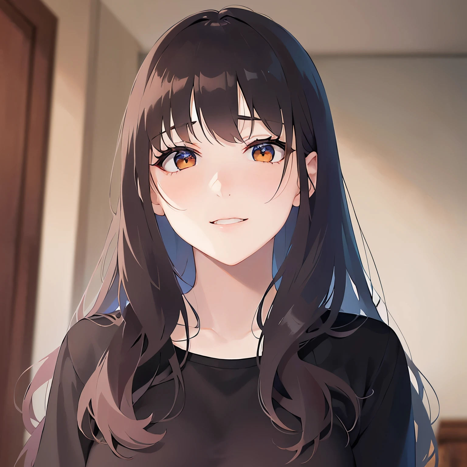(Placing hand on face:1.3), looking up, Realistic, real person, (pale skin: 1.2), upper body, RAW photo, photorealistic, shiny skin, shiny hair、(A 25-year-old woman with medium-length hair and bangs) and (wavy hair) and (brown hair) and (Orange Eyes) , (Black T-shirt) 、(embarrassed:1.5), smile, The background is the living room、Alone、Are standing