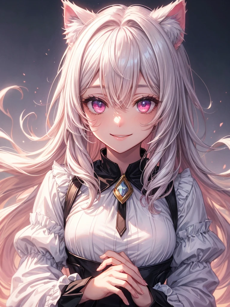 Highly detailed face,fine grain,Sparkling eyes,Highlighted eyes,Medium chest,pretty girl,smile,Cat ear,Beautiful silver hair,Pink inside,Beautiful pink eyes,fantastical, mysterious