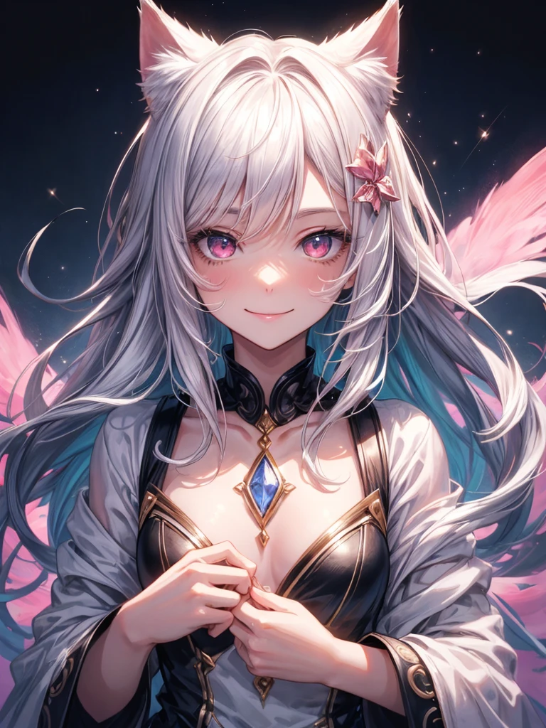 Highly detailed face,fine grain,Sparkling eyes,Highlighted eyes,Medium chest,pretty girl,smile,Cat ear,Beautiful silver hair,Pink inside,Beautiful pink eyes,fantastical, mysterious
