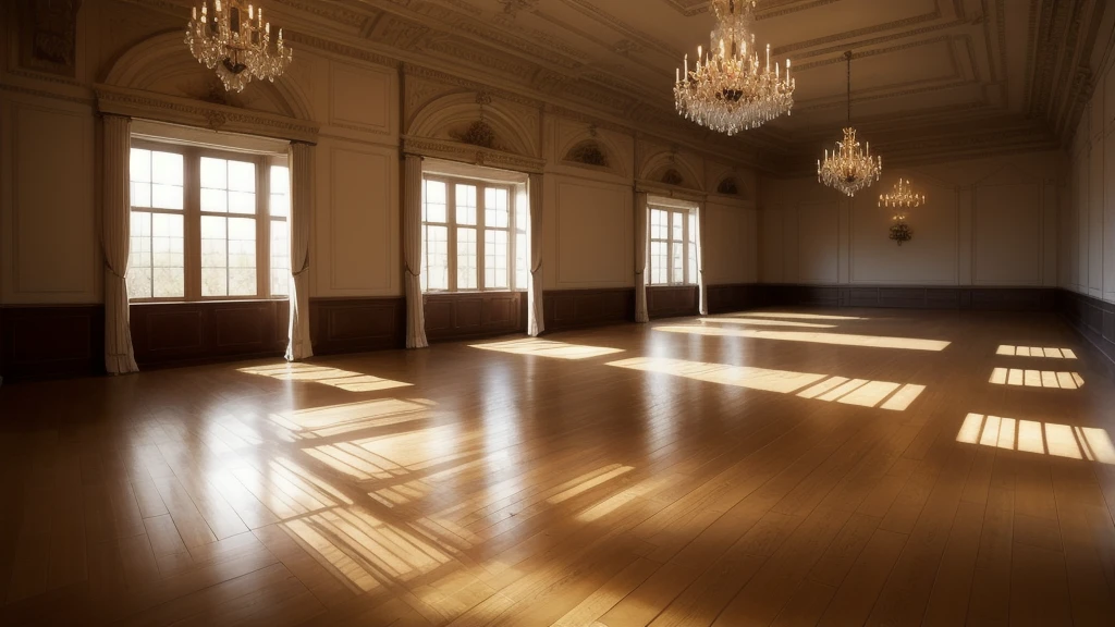 empty dance hall, with bars, wooden floor, chandeliers, by edgar degas painting