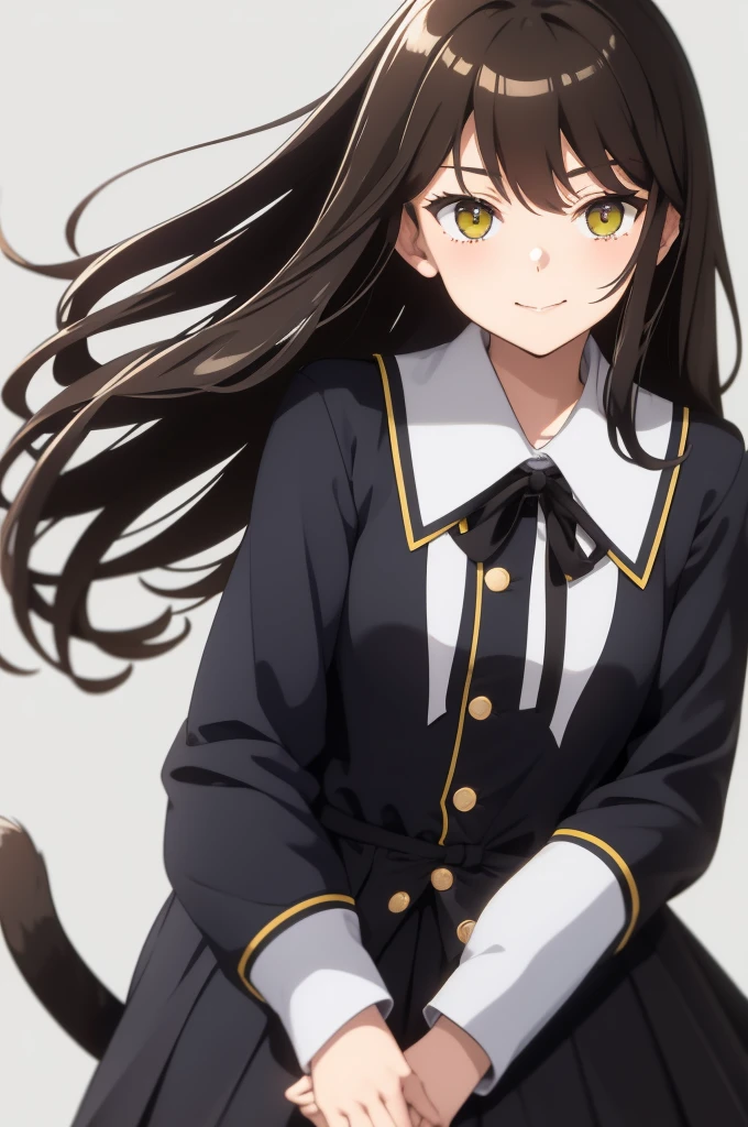 Please draw a high school girl with long brown hair.。Wearing a long-sleeved uniform。Standing with the whole body facing forward。The face is smiling with the mouth closed。Cat eyes and green eye color。Keep your arms down at your sides。Please shoot from the head to the upper body。No pose needed。Plain white background、Remove light and shadow effects。