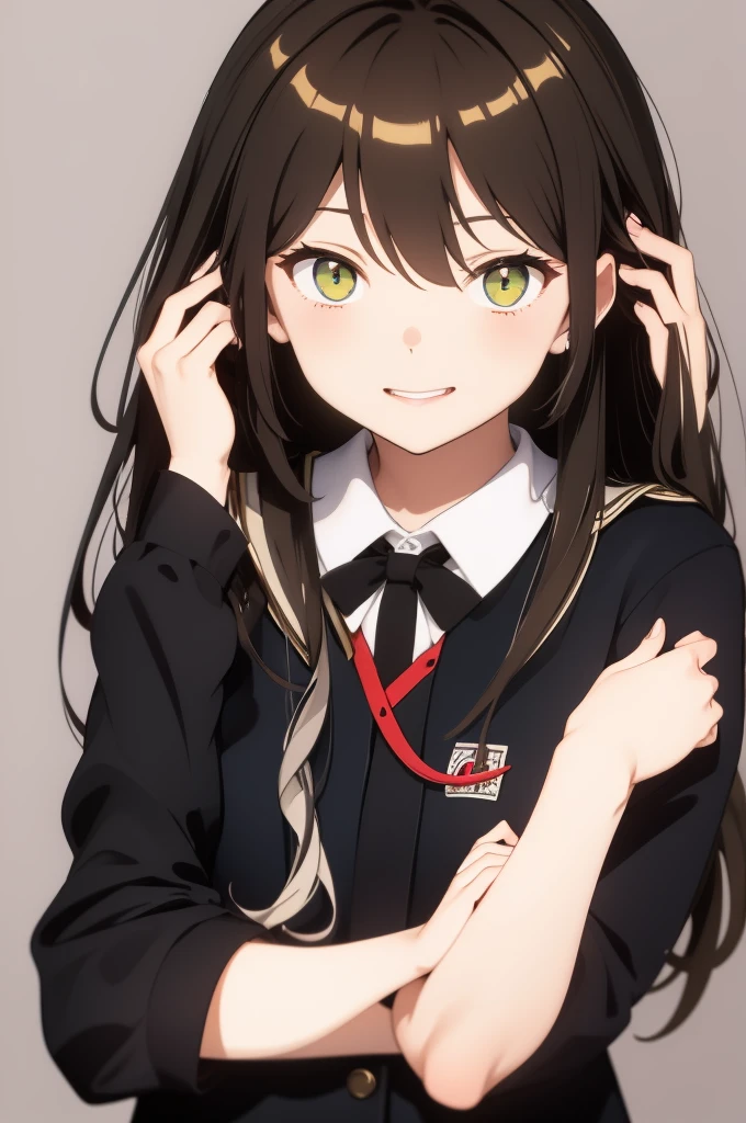 Please draw a high school girl with long brown hair.。Wearing a long-sleeved uniform。Standing with the whole body facing forward。The face is smiling with the mouth closed。Cat eyes and green eye color。Keep your arms down at your sides。Please shoot from the head to the upper body。No pose needed。Plain white background、Remove light and shadow effects。