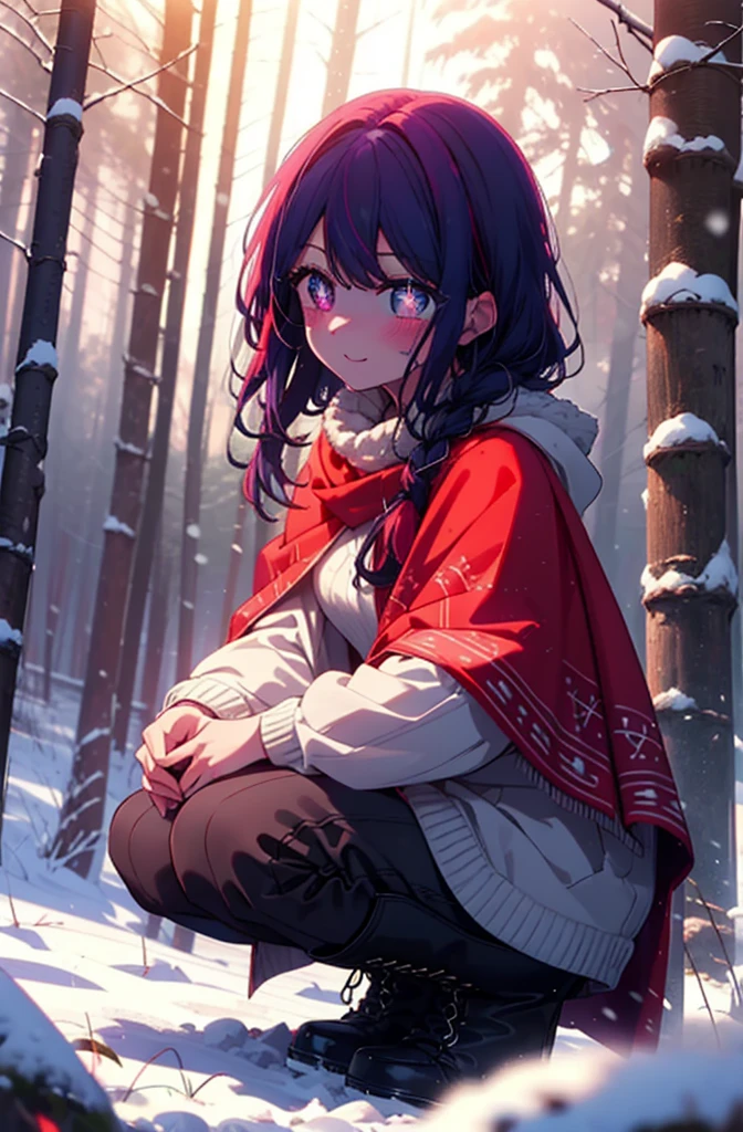 aihoshino, Ai Hoshino, Long Hair, bangs, (Purple eyes:1.1), Purple Hair, (Symbol-shaped pupil:1.5), smile,,smile,blush,White Breath,
Open your mouth,snow,Ground bonfire, Outdoor, boots, snowing, From the side, wood, suitcase, Cape, Blurred, , forest, White handbag, nature,  Squat, Mouth closed, Cape, winter, Written boundary depth, Black shoes, red Cape break looking at viewer, Upper Body, whole body, break Outdoor, forest, nature, break (masterpiece:1.2), Highest quality, High resolution, unity 8k wallpaper, (shape:0.8), (Beautiful and beautiful eyes:1.6), Highly detailed face, Perfect lighting, Extremely detailed CG, (Perfect hands, Perfect Anatomy),