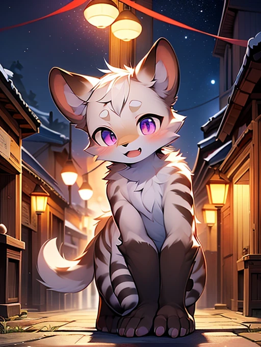 Civet cat, Little Boy, cute, (alone), (((Has brown and white fur))), Big purple eyes, Blushing, smile, Open your mouth, walking, night, Ancient Asian cities, bright street lights, Blue and black slate road, Empty Streets, Starry Sky, Shadow, Detailed facial depiction, ((Accurate hand drawing)), レンブラントの光とShadow, Ultra-fine,Completely naked,Naked,Naked,On all fours,quadruped,Quadrupedal,Embarrassing,Embarrassing表情,